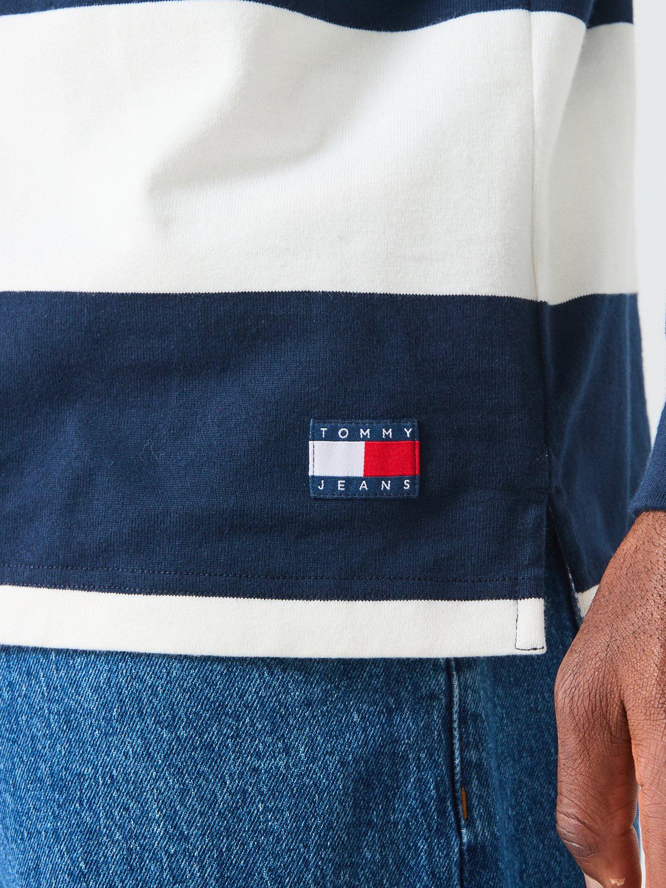 Image 4 of 6 of Tommy Jeans Rugger Stripe Long Sleeve Polo Shirt - Navy