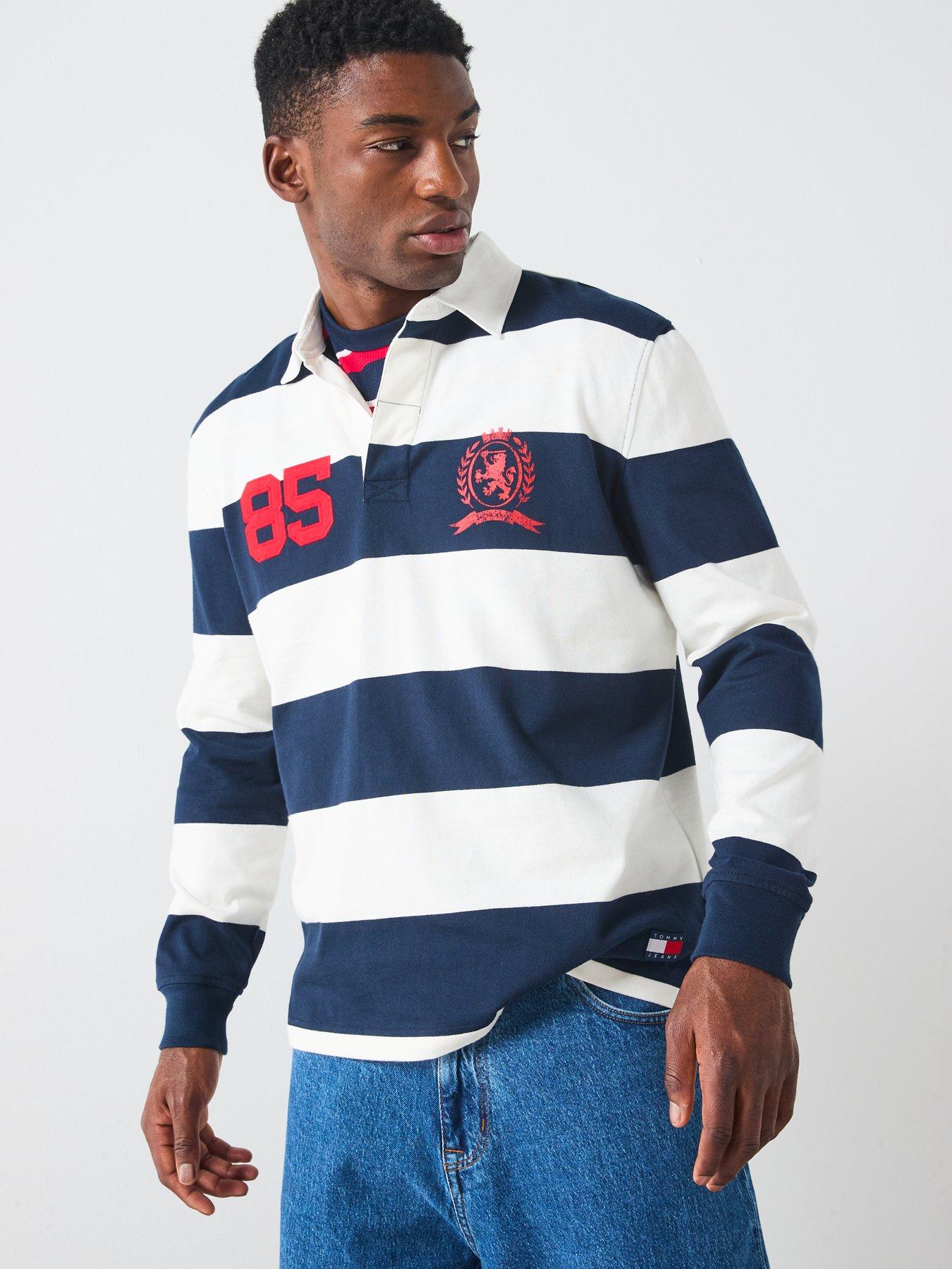 Image 6 of 6 of Tommy Jeans Rugger Stripe Long Sleeve Polo Shirt - Navy