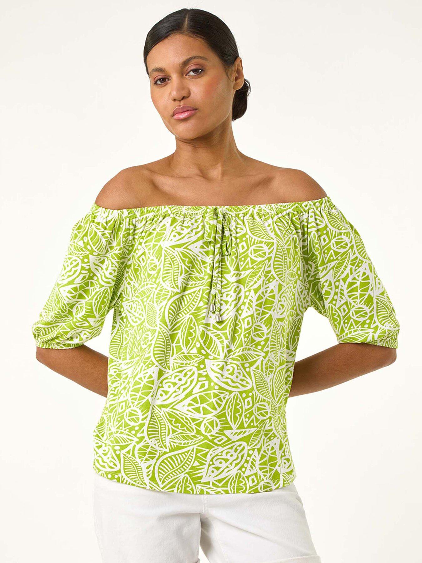 roman-floral-print-bardot-stretch-top-green
