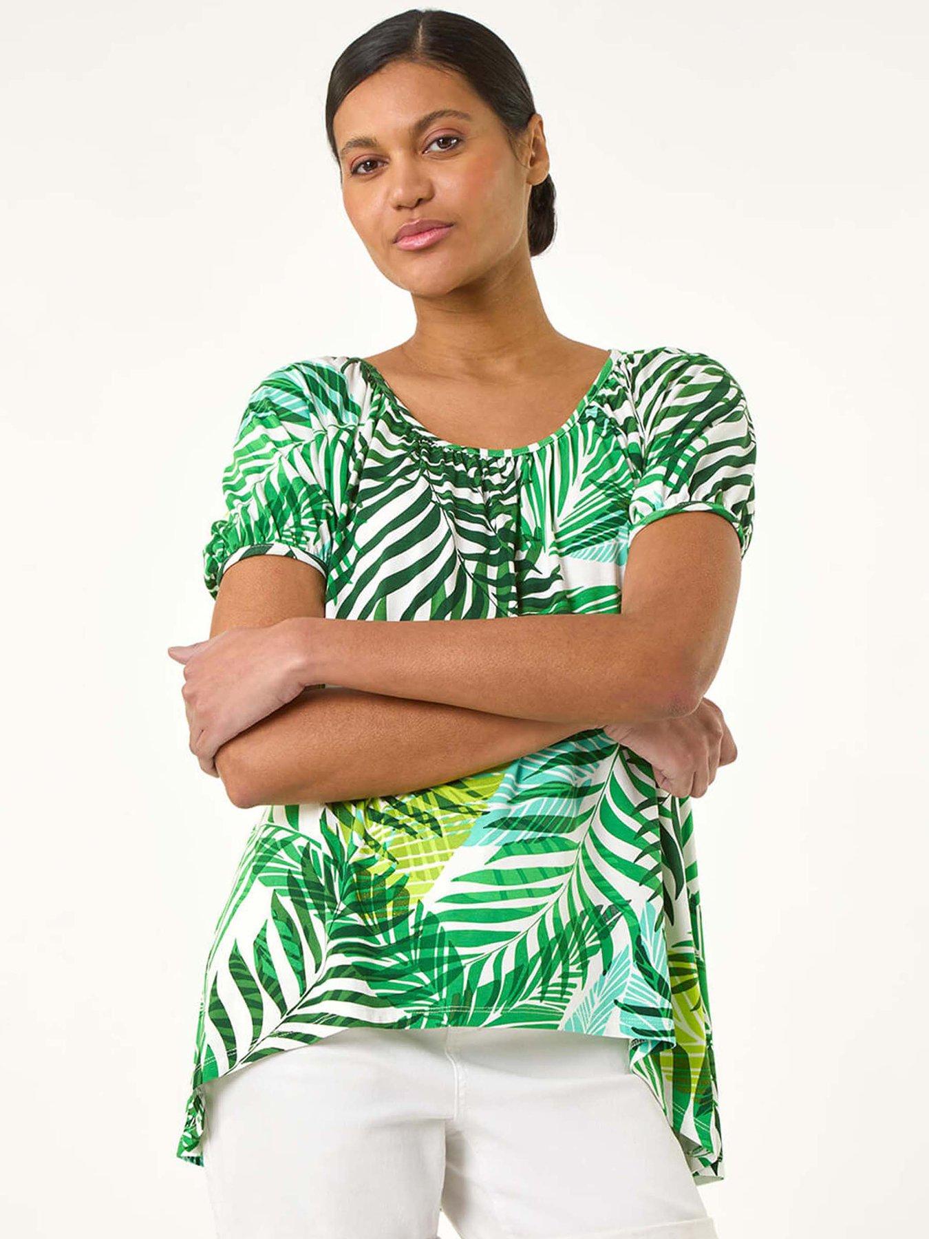 Roman Leaf Asymmetric Stretch Tunic Top - Green