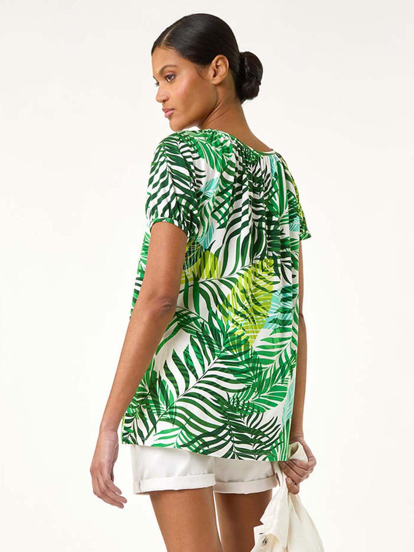 Image 2 of 5 of Roman Leaf Asymmetric Stretch Tunic Top - Green