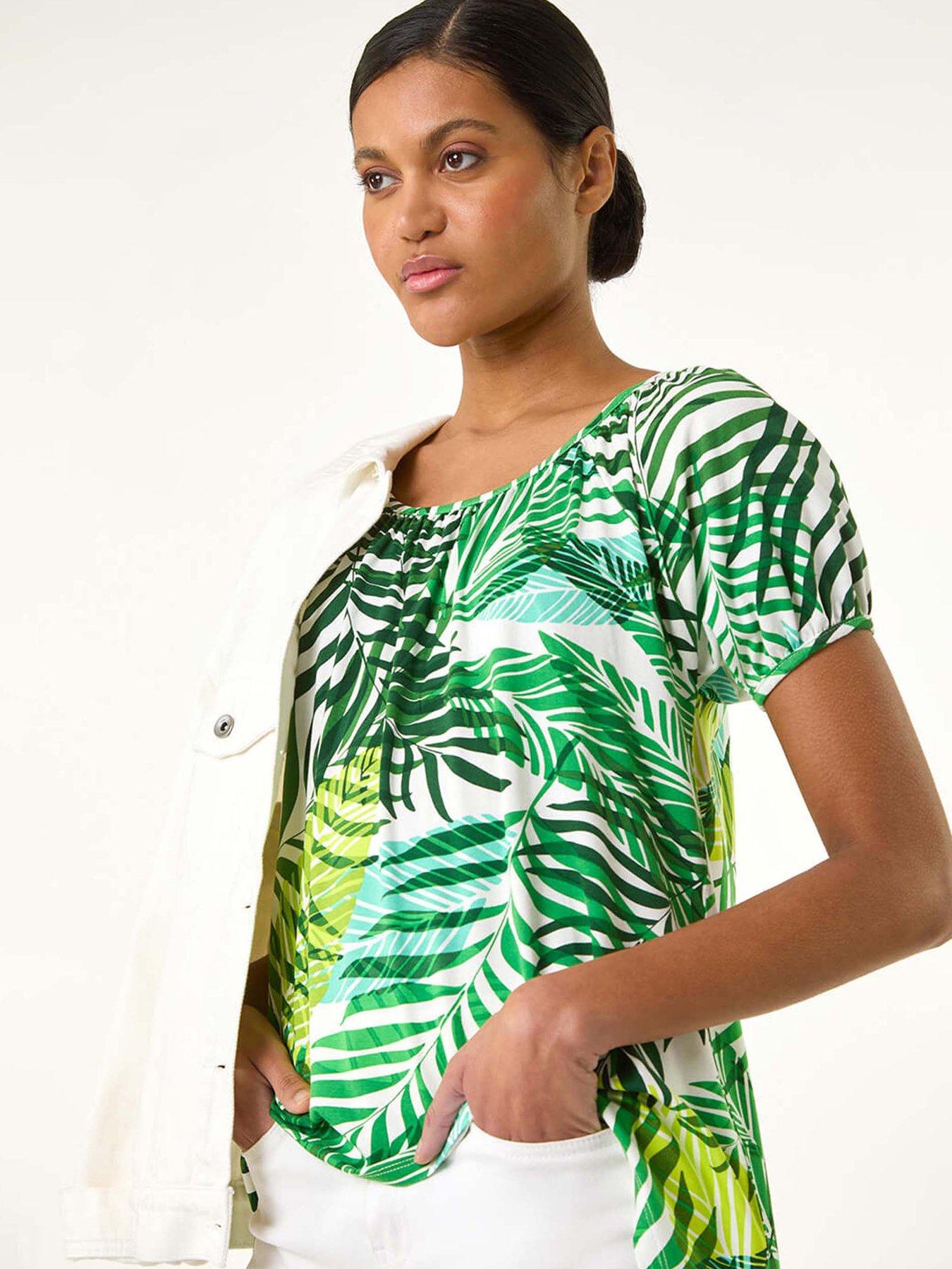 Image 4 of 5 of Roman Leaf Asymmetric Stretch Tunic Top - Green