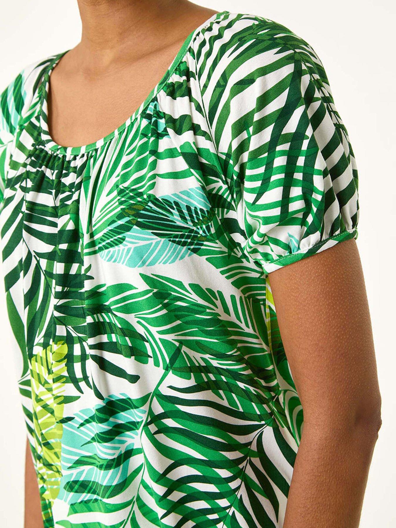 Image 5 of 5 of Roman Leaf Asymmetric Stretch Tunic Top - Green