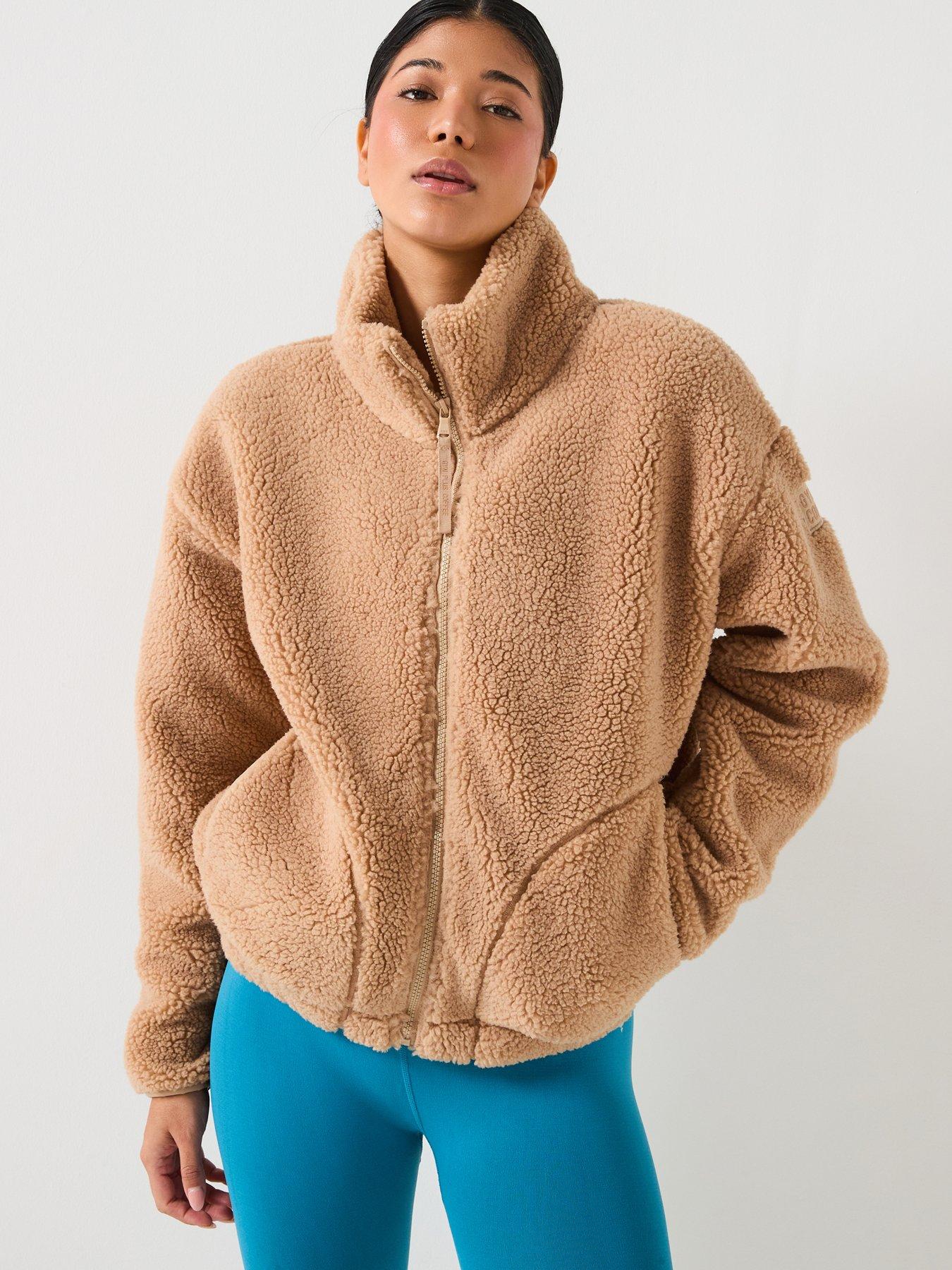 front image of gym-coffee-womens-training-industry-fleece-high-collar-jacket-beige