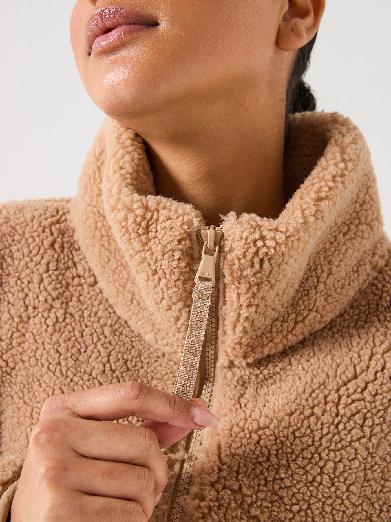  image of gym-coffee-womens-training-industry-fleece-high-collar-jacket-beige