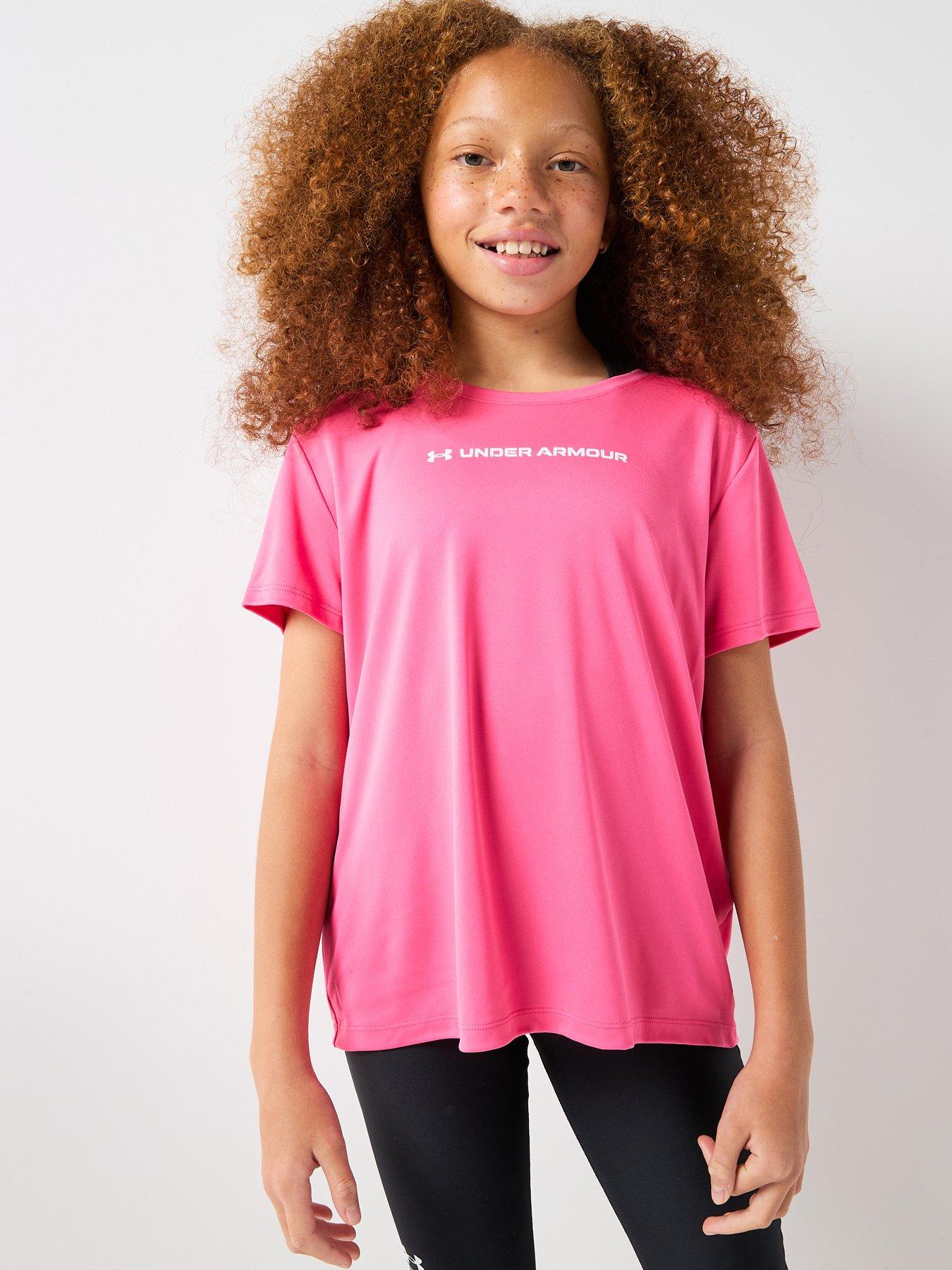 UNDER ARMOUR Junior Girls Training Tech Wordmark Graphic T-Shirt - Pink