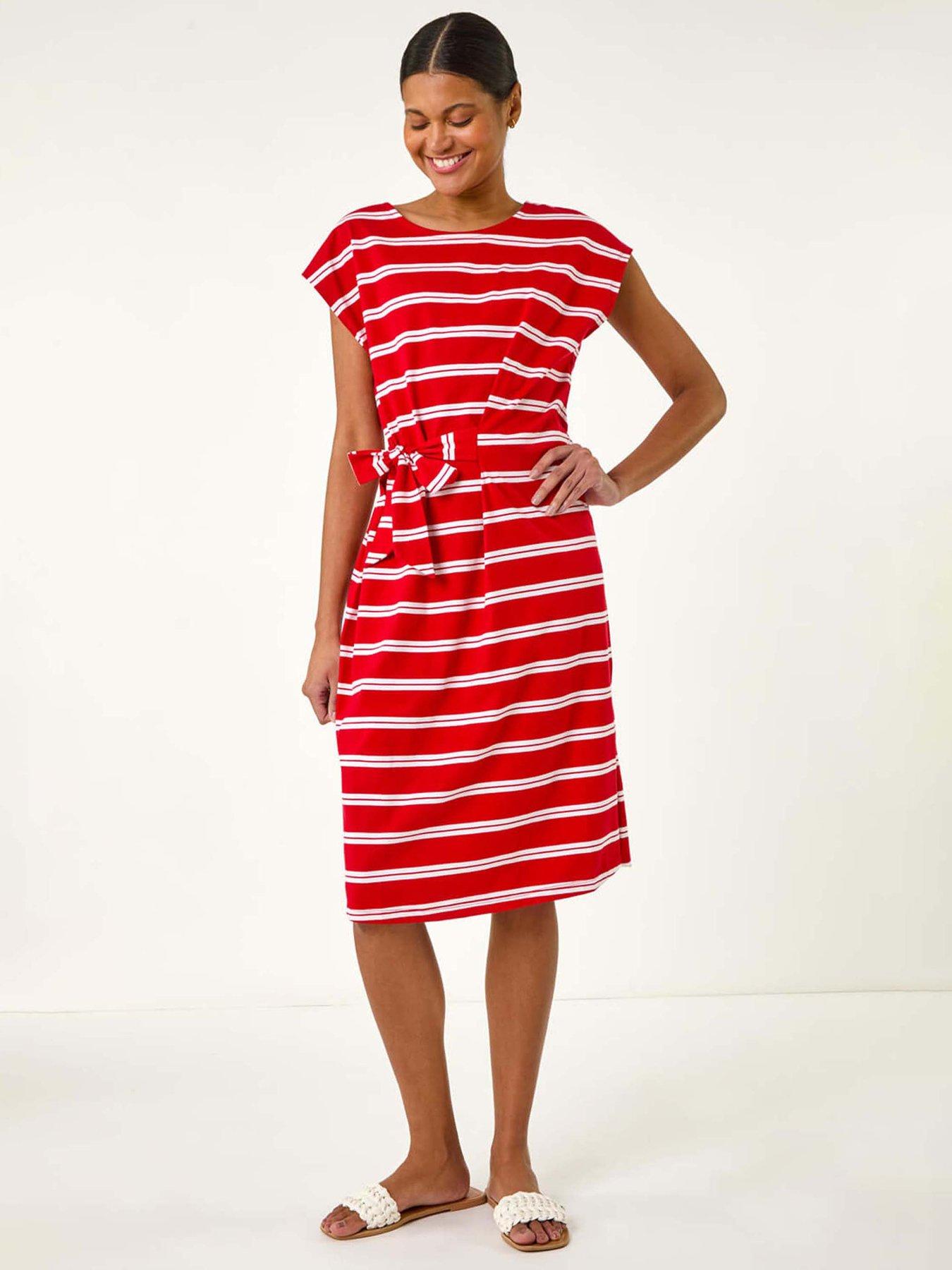 undefined Stripe Tie Side Stretch Midi Dress - Red