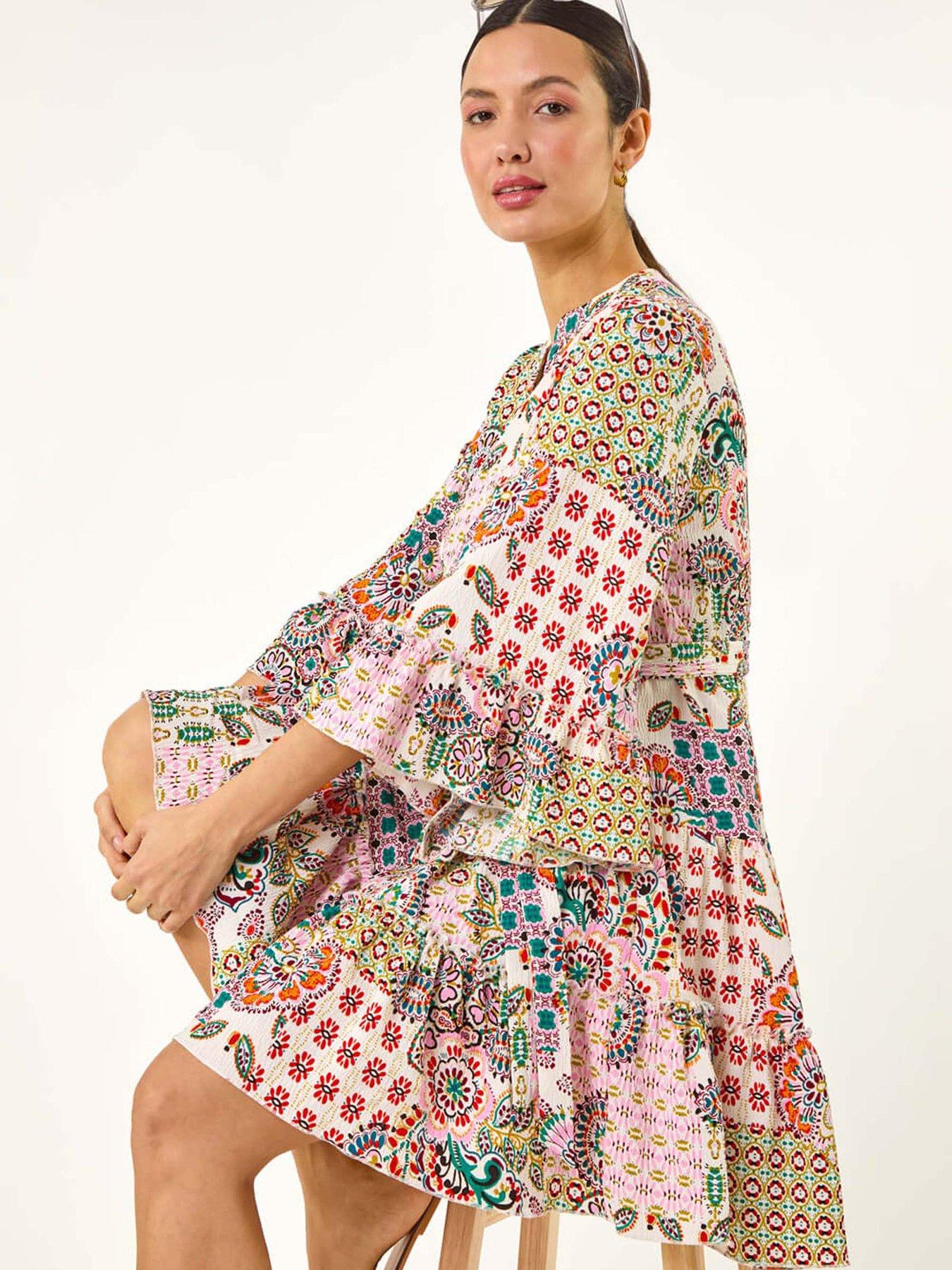 Image 3 of 5 of Roman Patchwork Print Button Shirt Dress - Pink