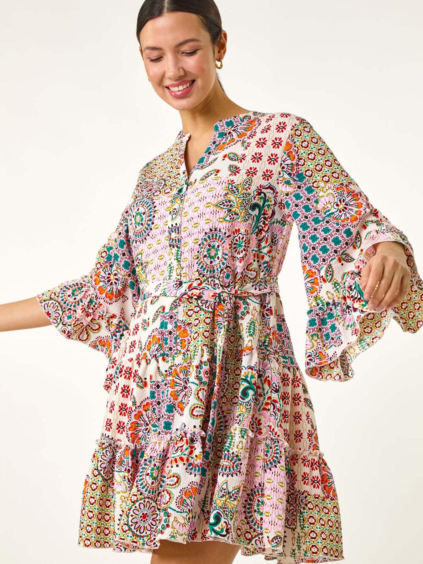Image 4 of 5 of Roman Patchwork Print Button Shirt Dress - Pink