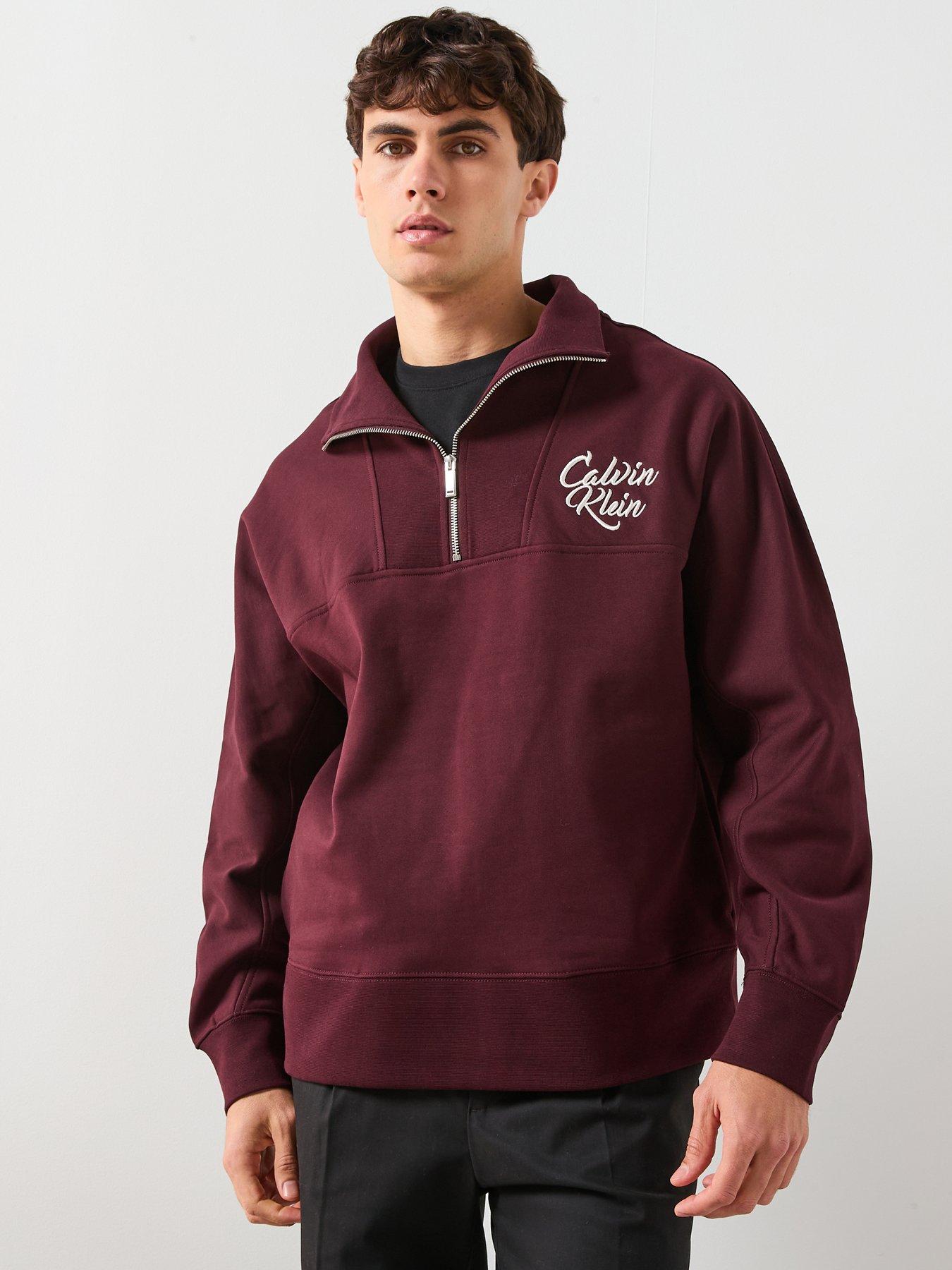 Calvin Klein Jeans Script Logo Funnel Neck 1/4 Zip Sweatshirt - Brown ...