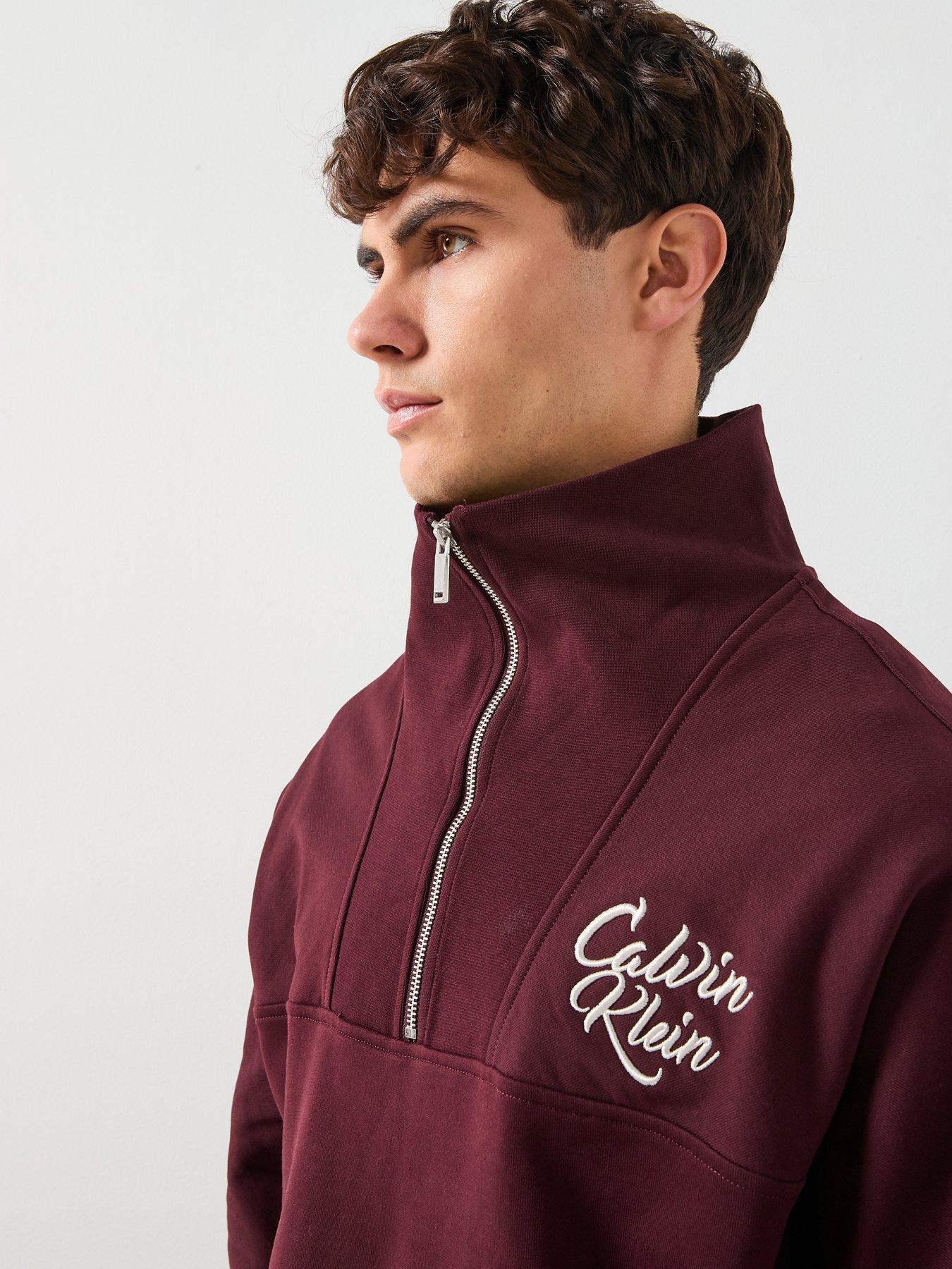 Calvin Klein Jeans Script Logo Funnel Neck 1/4 Zip Sweatshirt - Brown ...