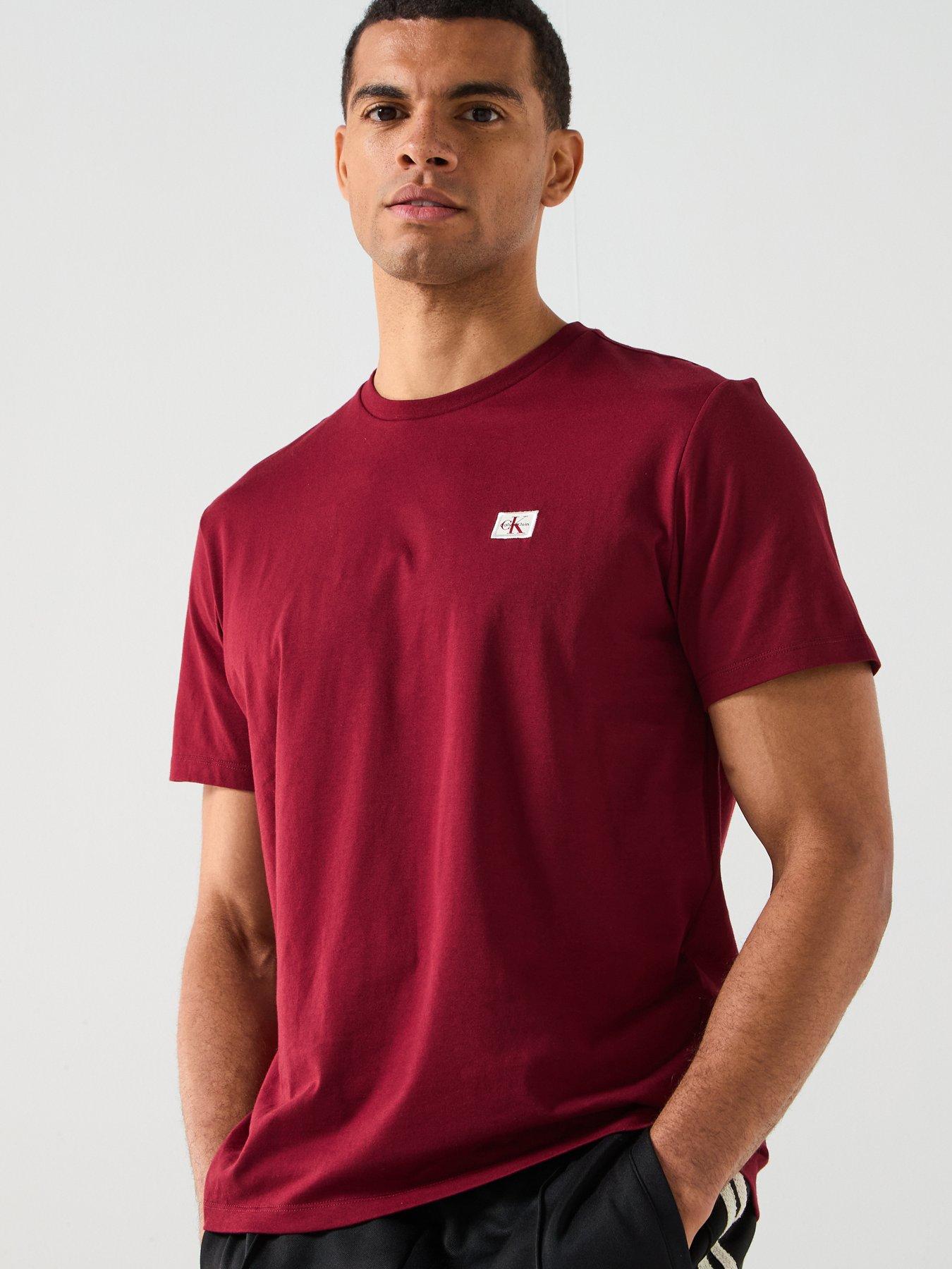 front image of calvin-klein-jeans-left-chest-woven-badge-t-shirt-dark-red