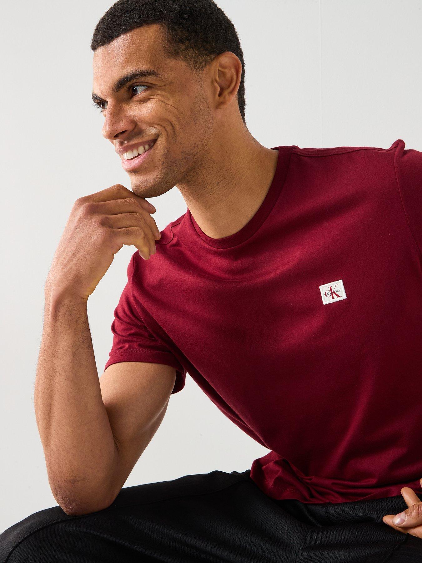  image of calvin-klein-jeans-left-chest-woven-badge-t-shirt-dark-red