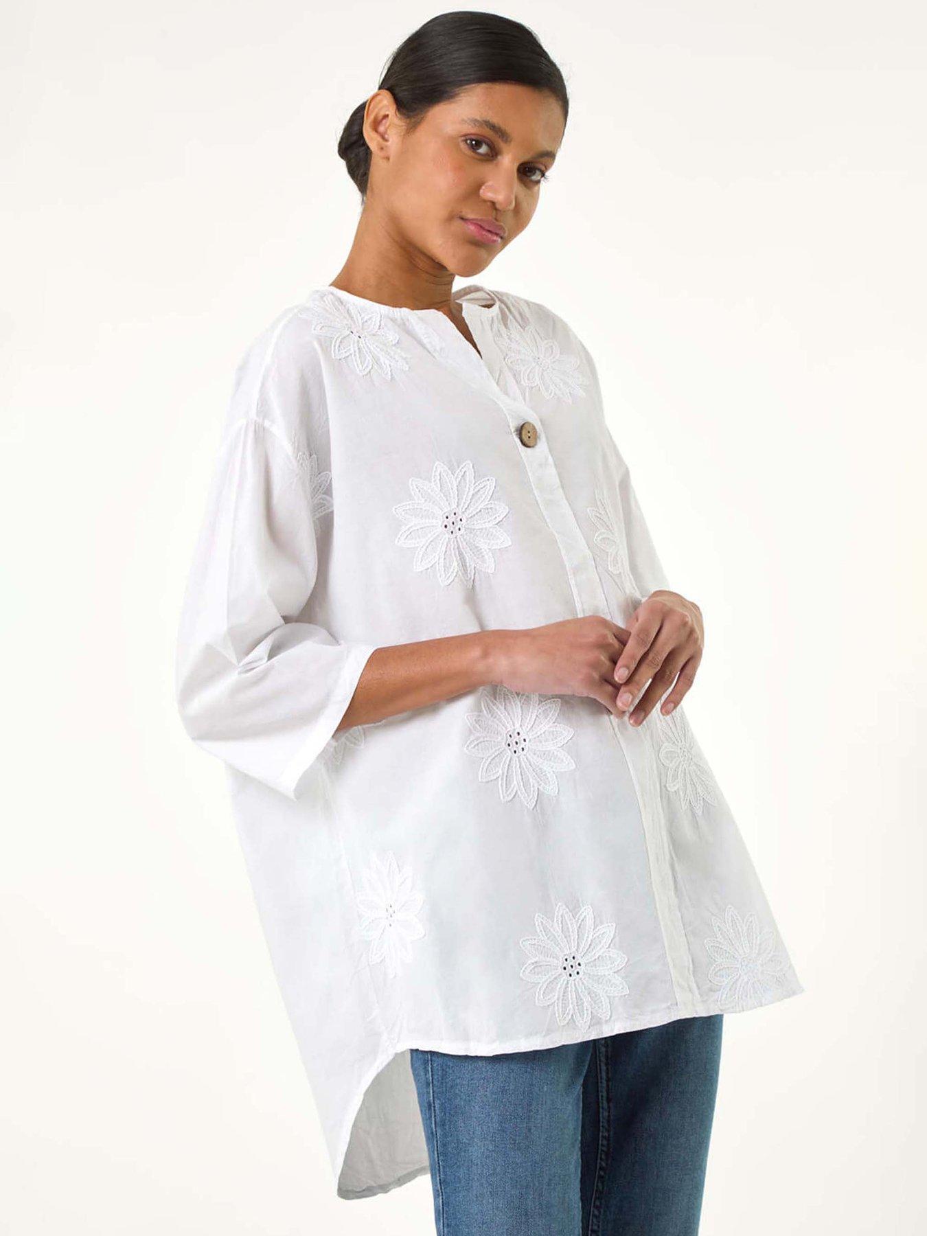  image of roman-cotton-floral-embroidered-tunic-top-white