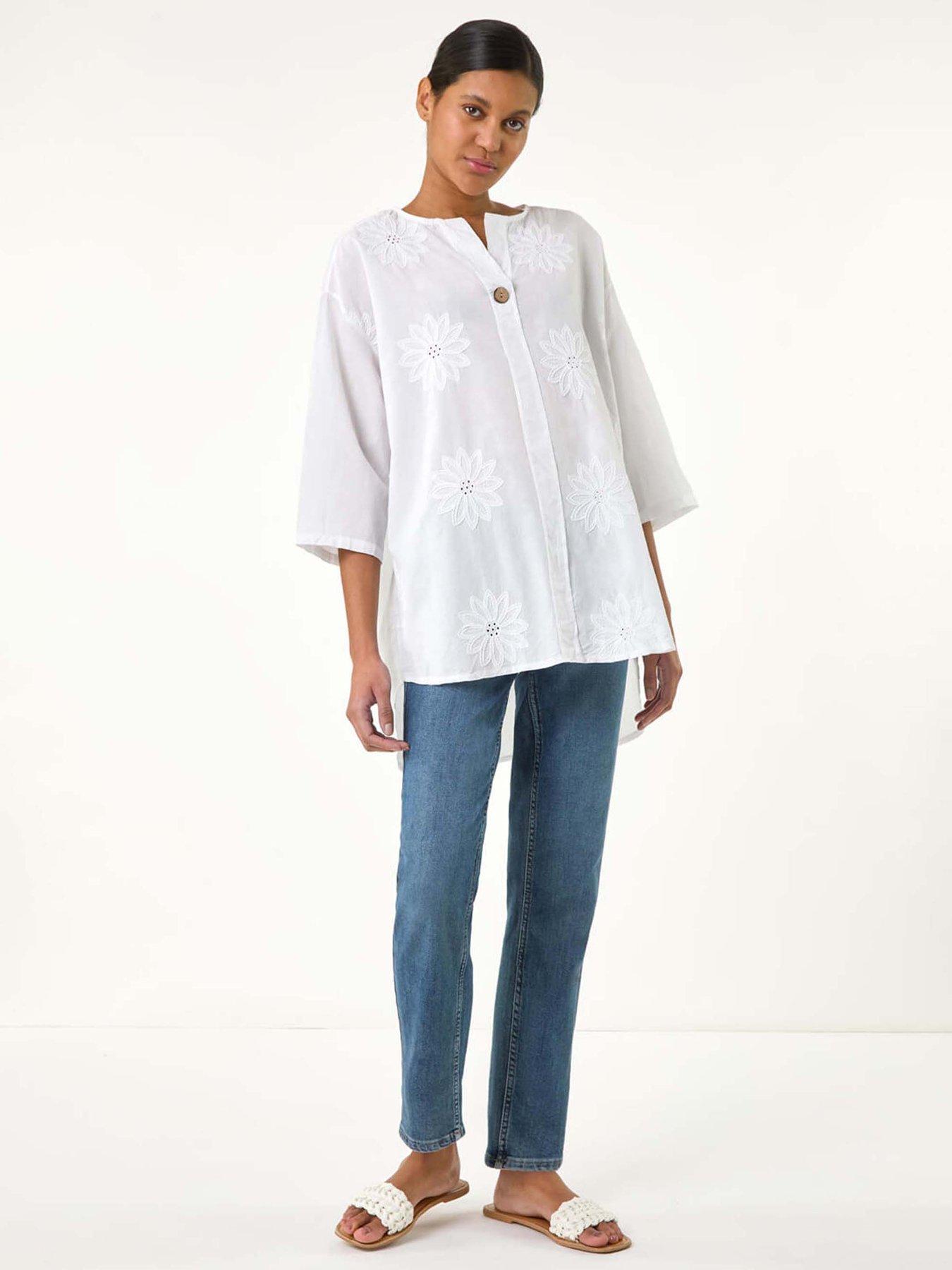  image of roman-cotton-floral-embroidered-tunic-top-white