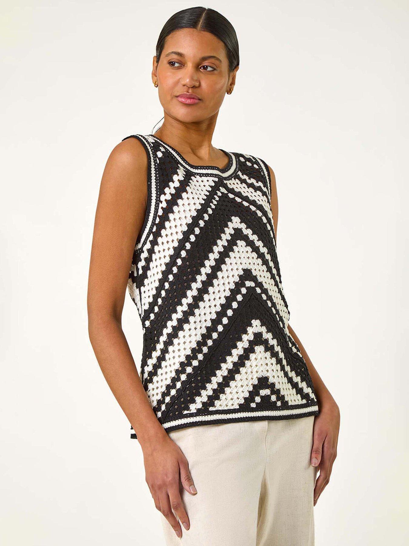undefined Chevron Crochet Knit Vest Top - Black