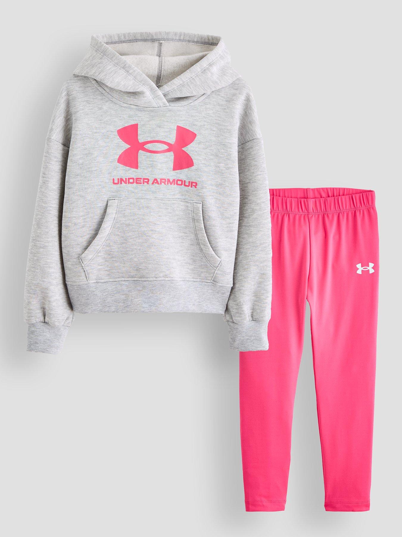 UNDER ARMOUR Girls Rival Pullover Logo Hoodie Set - Grey/Pink