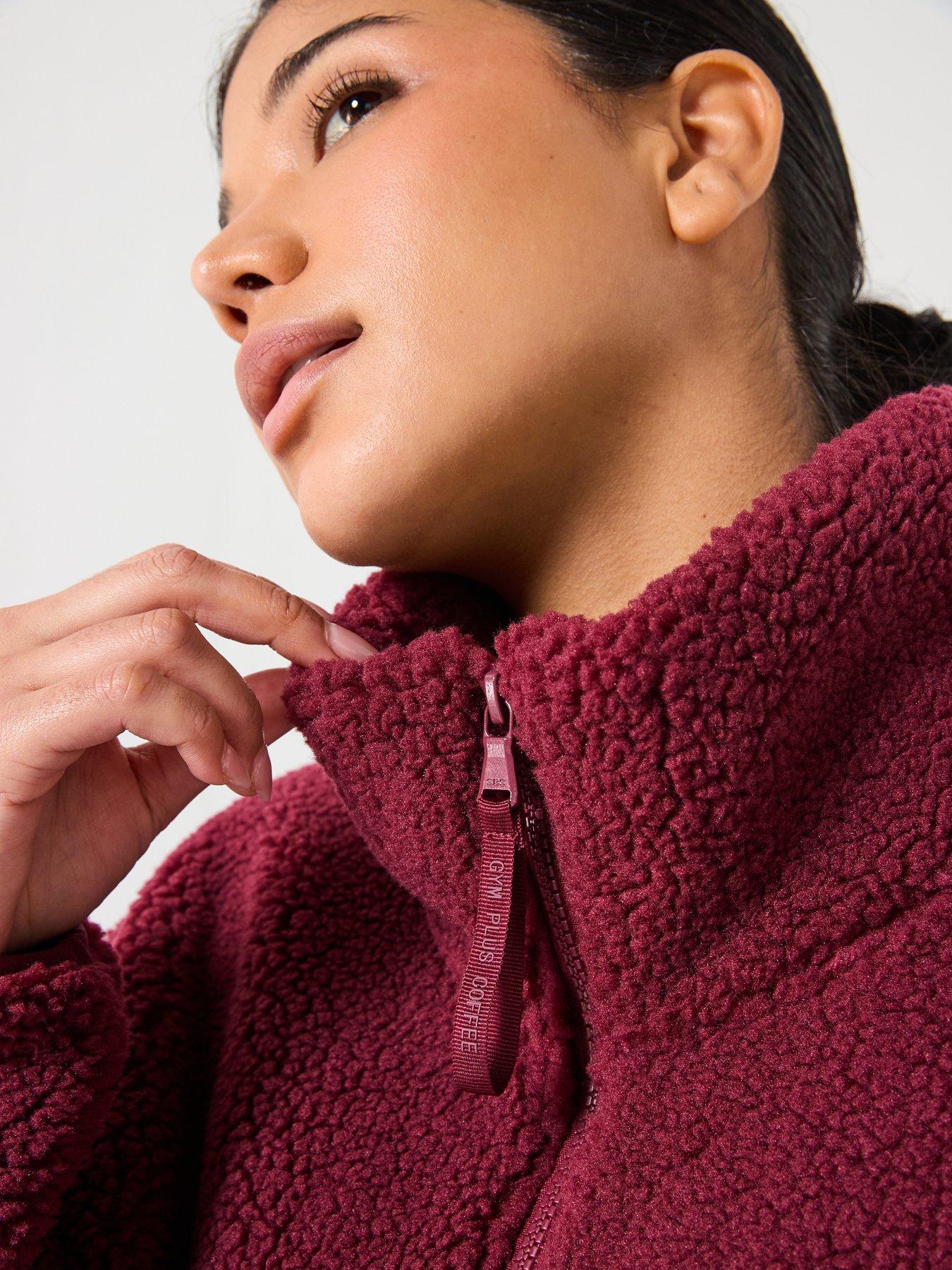  image of gym-coffee-womens-training-industry-high-collar-fleece-jacket-burgundy