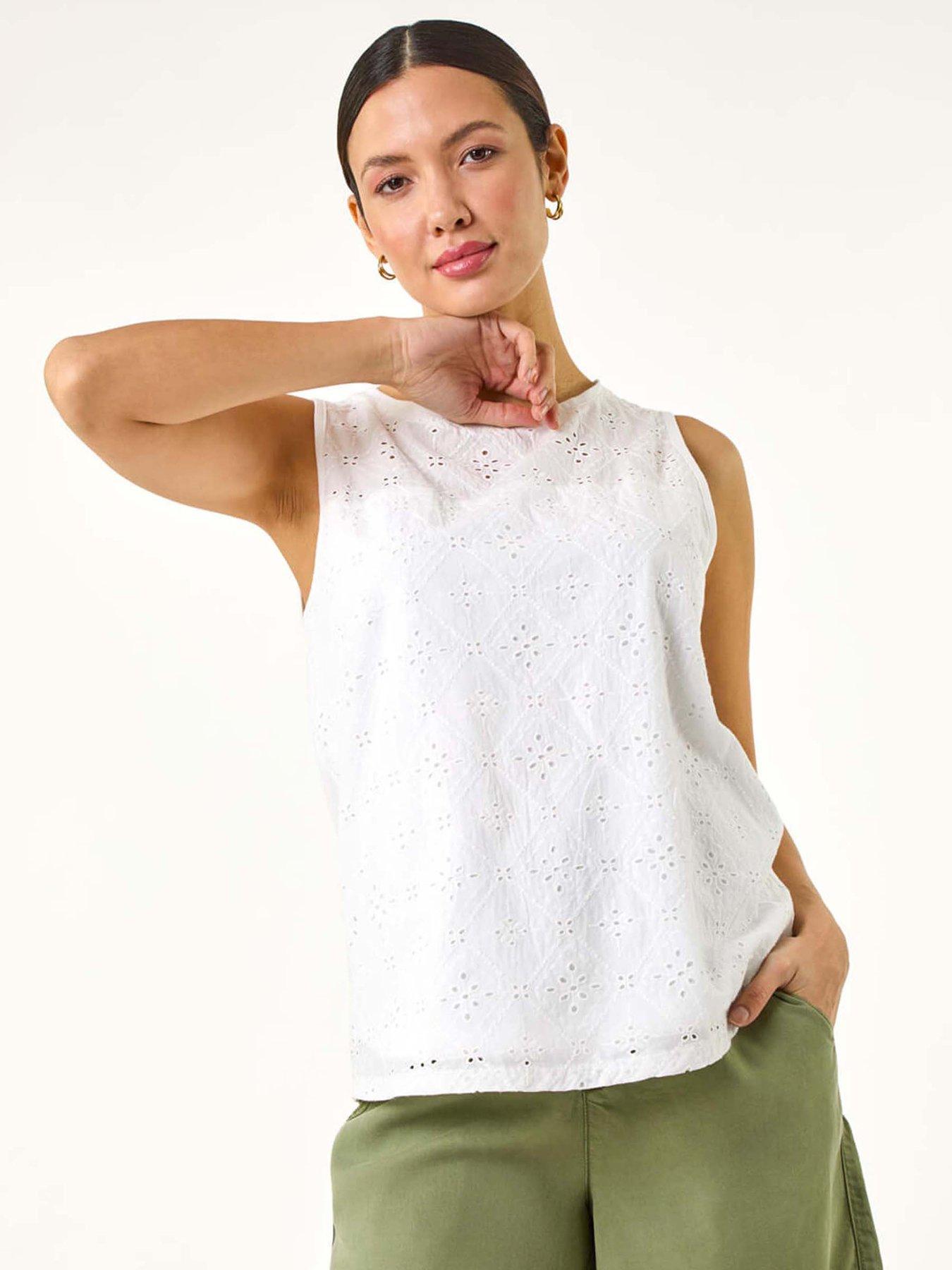Roman Cotton Broderie Vest Top - White