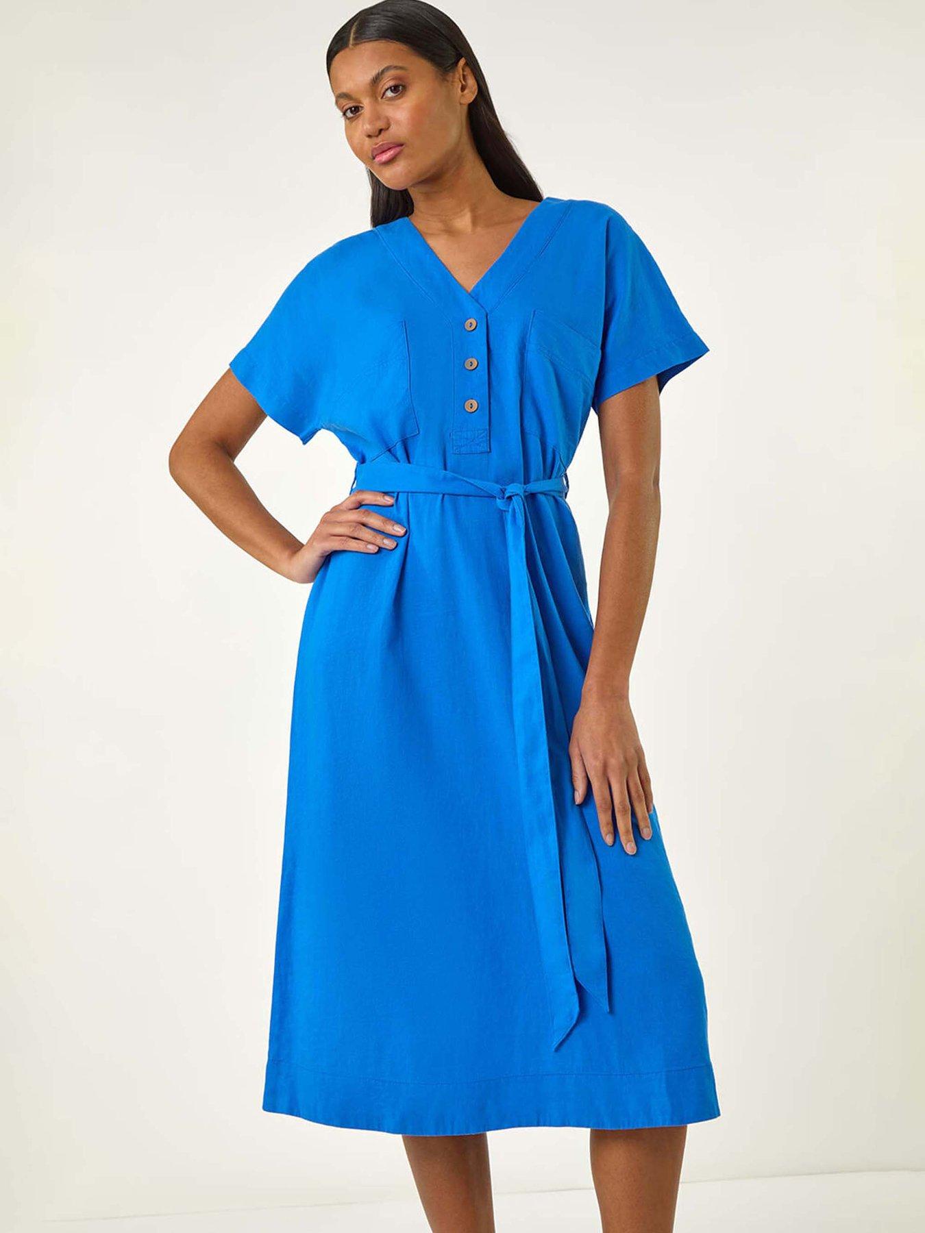 Image 3 of 5 of Roman Button Linen Mix Midi Dress - Blue