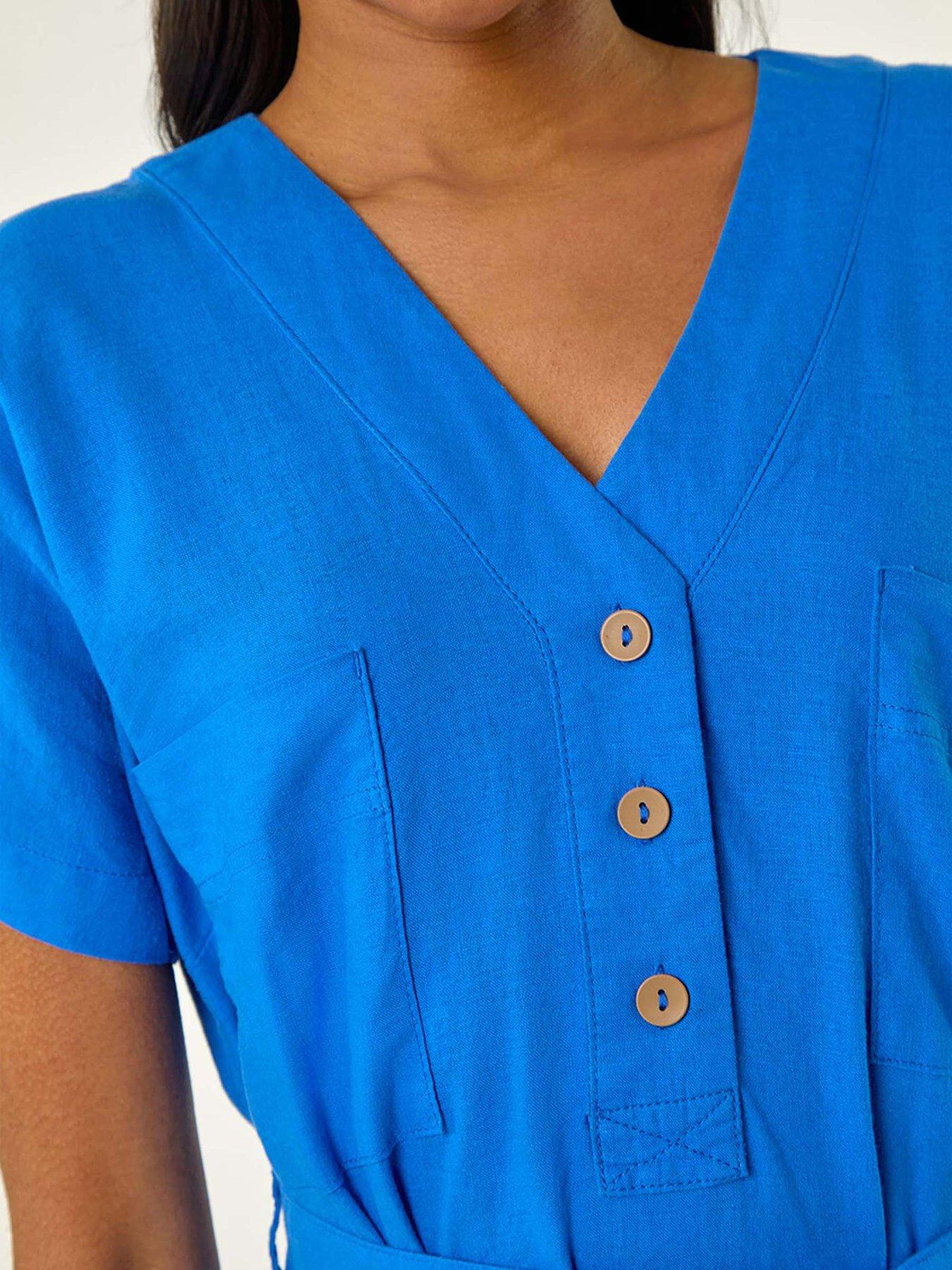 Image 5 of 5 of Roman Button Linen Mix Midi Dress - Blue