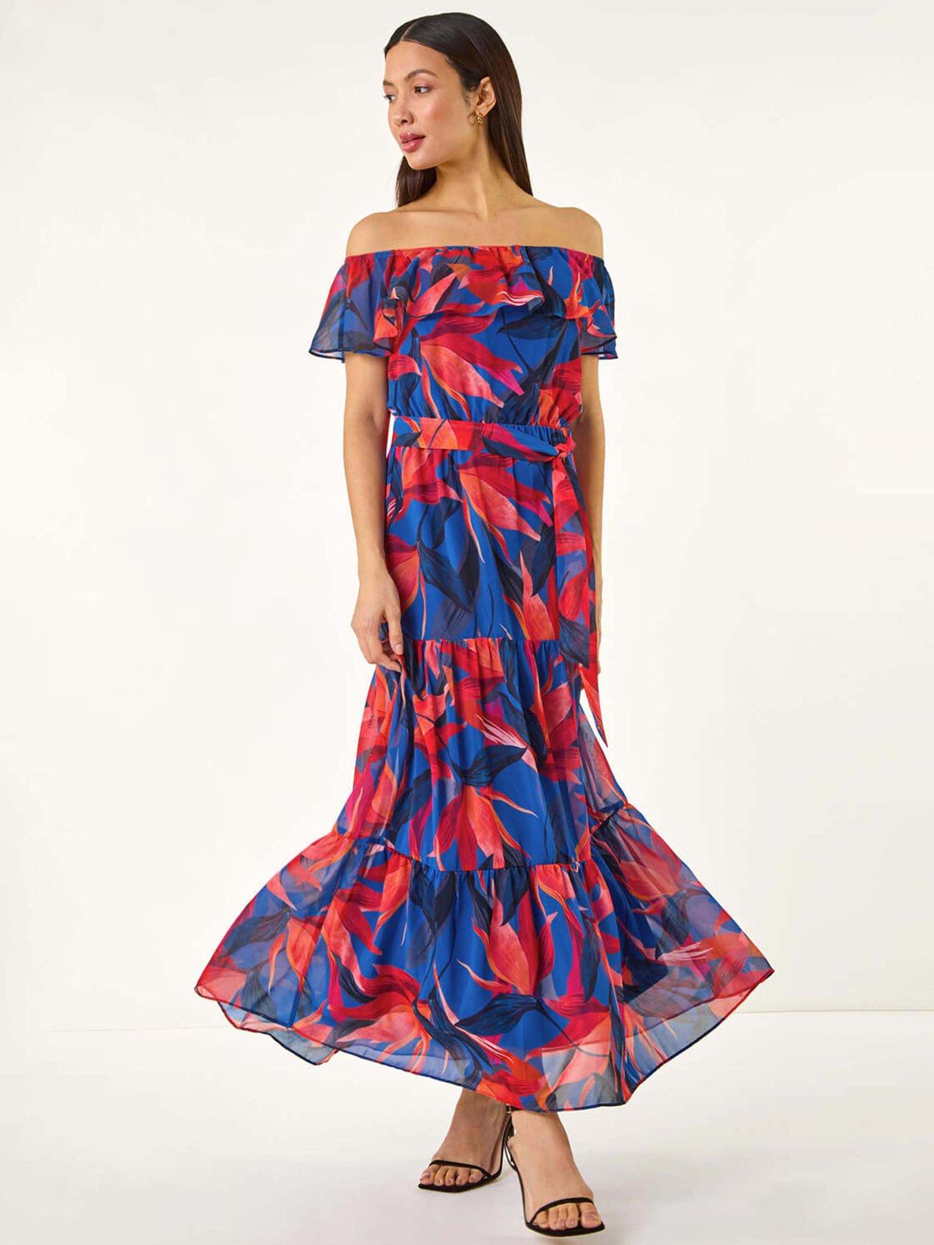 Image 1 of 5 of Roman Floral Print Bardot Belted Maxi Dress - Navy