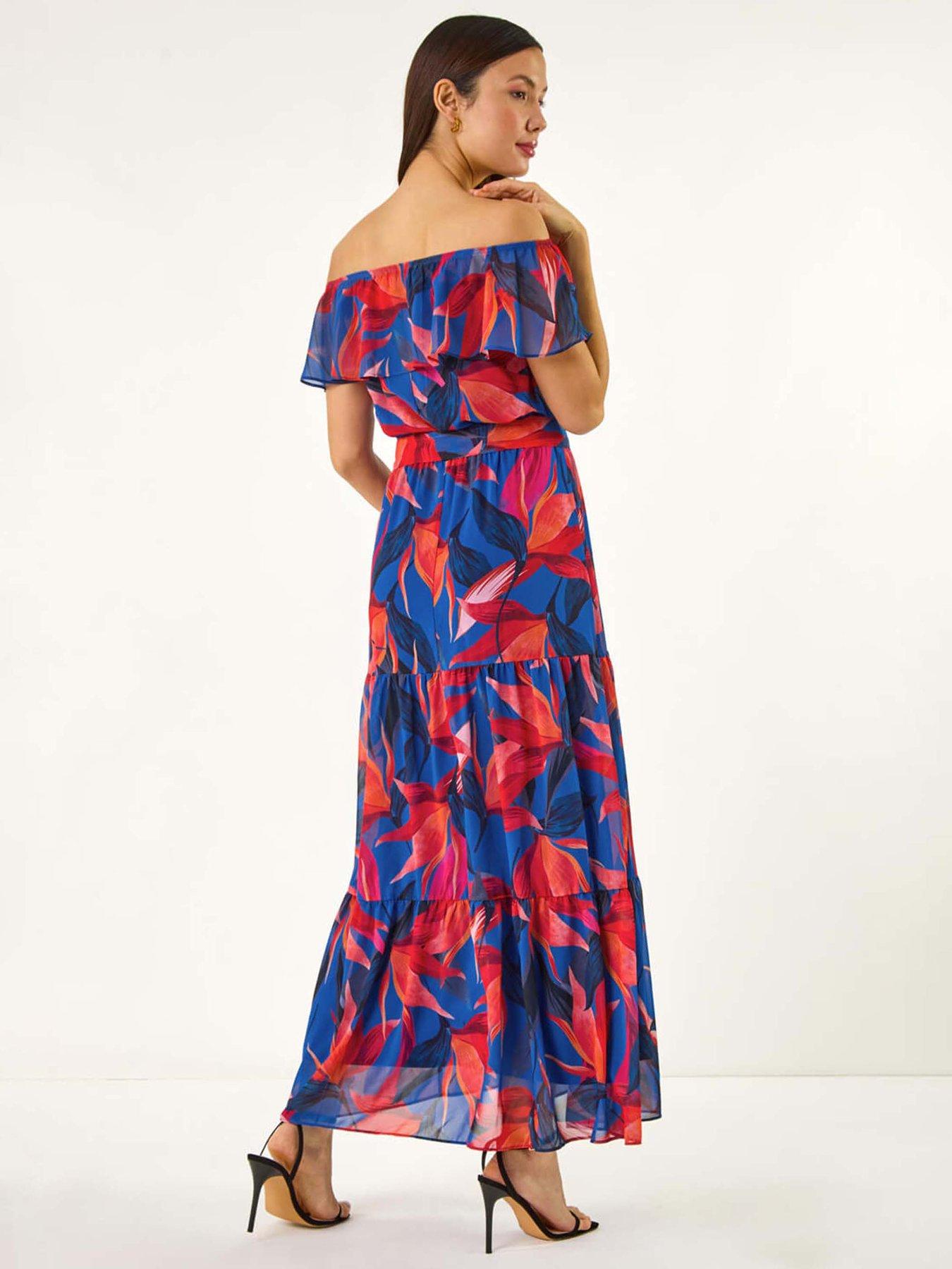Image 2 of 5 of Roman Floral Print Bardot Belted Maxi Dress - Navy