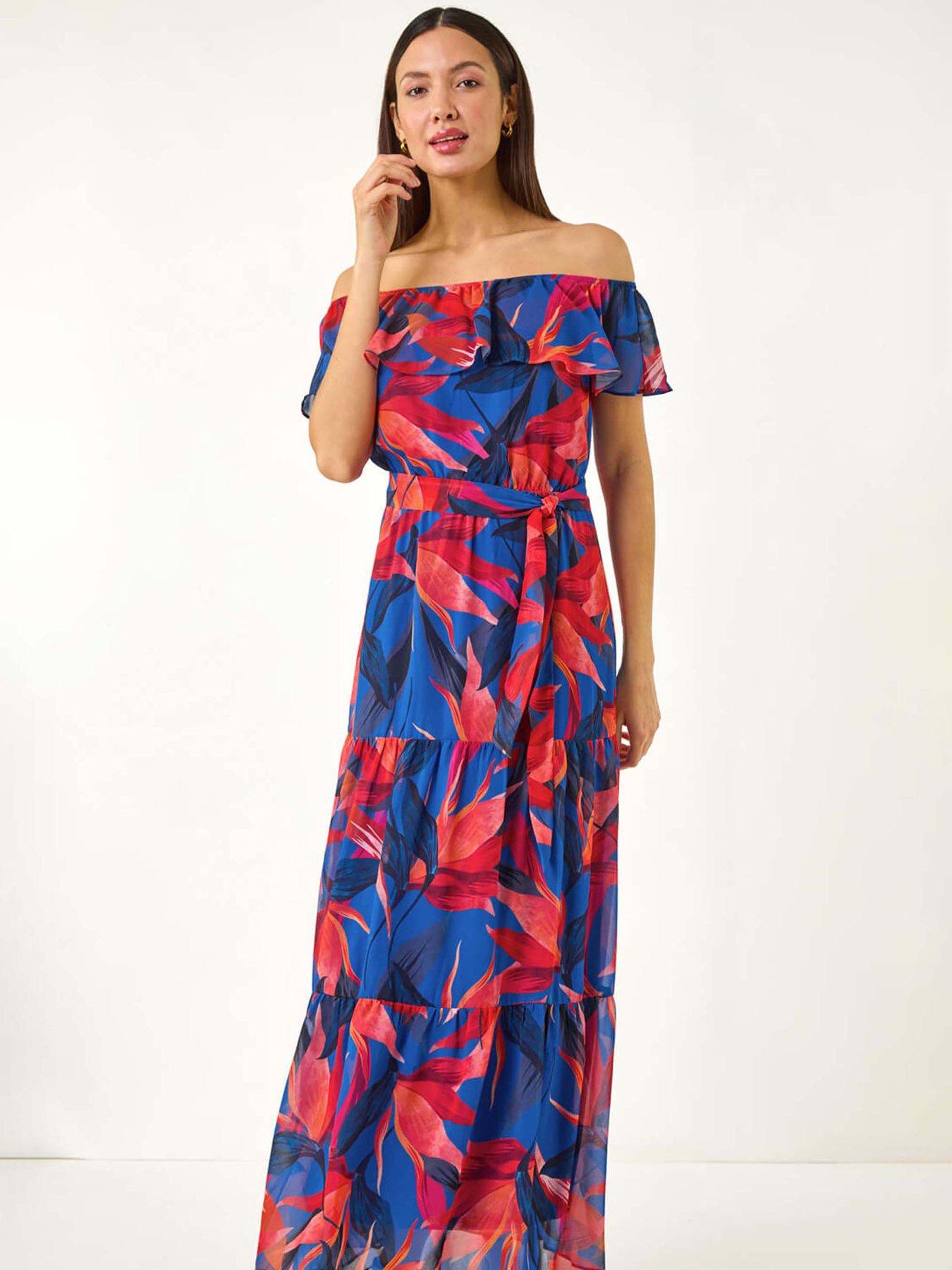 Image 3 of 5 of Roman Floral Print Bardot Belted Maxi Dress - Navy