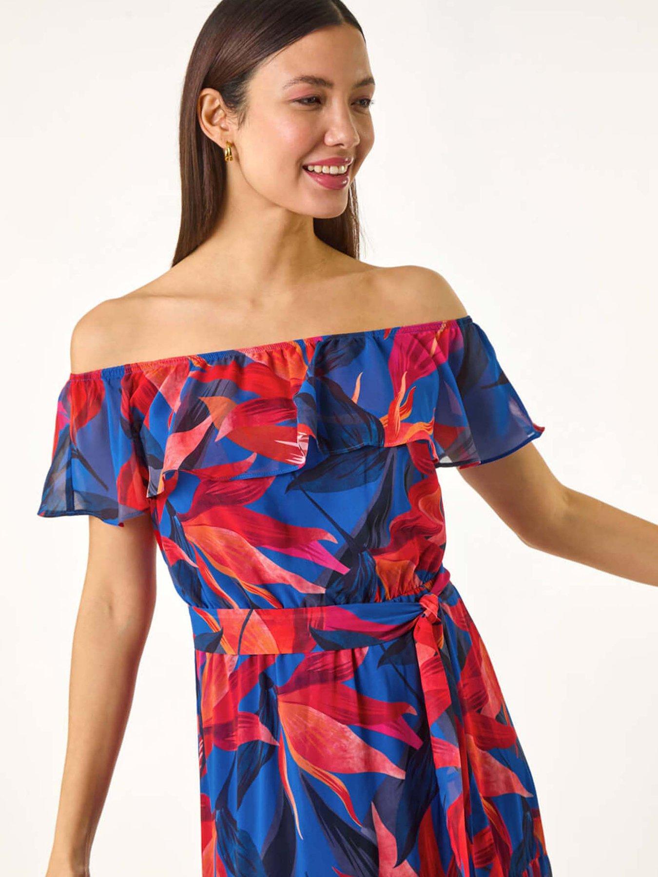 Image 4 of 5 of Roman Floral Print Bardot Belted Maxi Dress - Navy