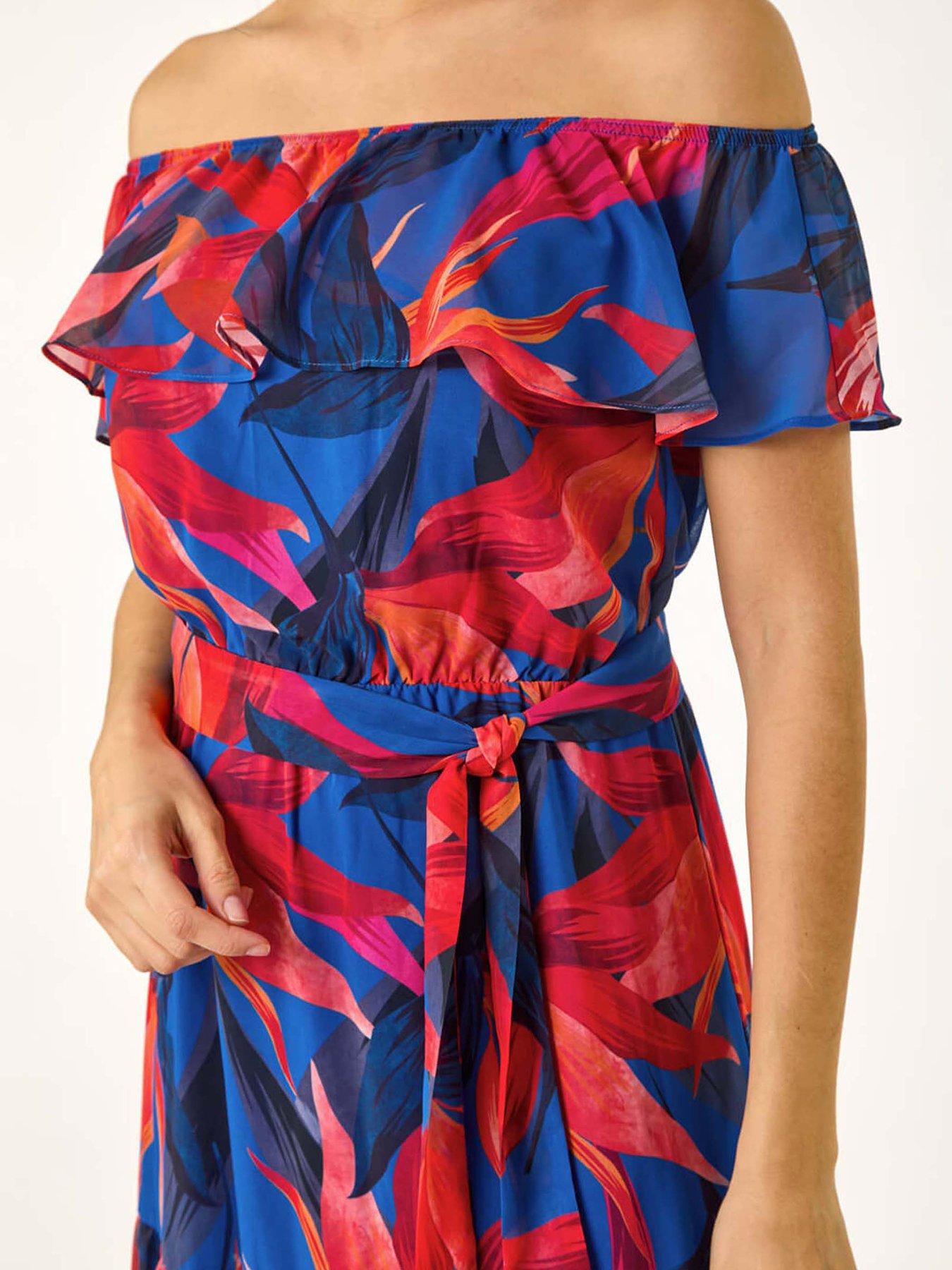 Image 5 of 5 of Roman Floral Print Bardot Belted Maxi Dress - Navy
