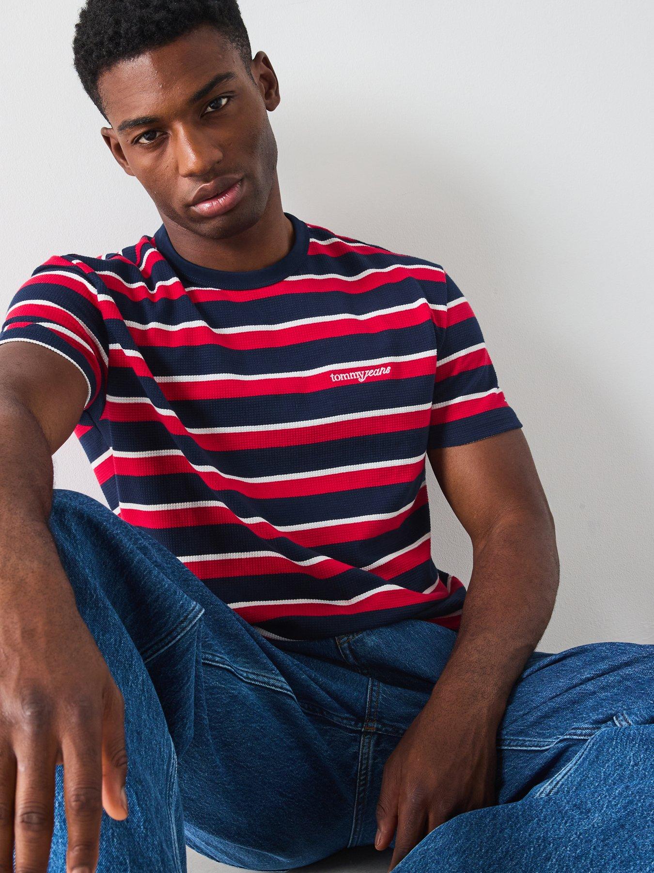 Image 1 of 6 of Tommy Jeans Regular Waffle Script Stripe T-Shirt - Navy