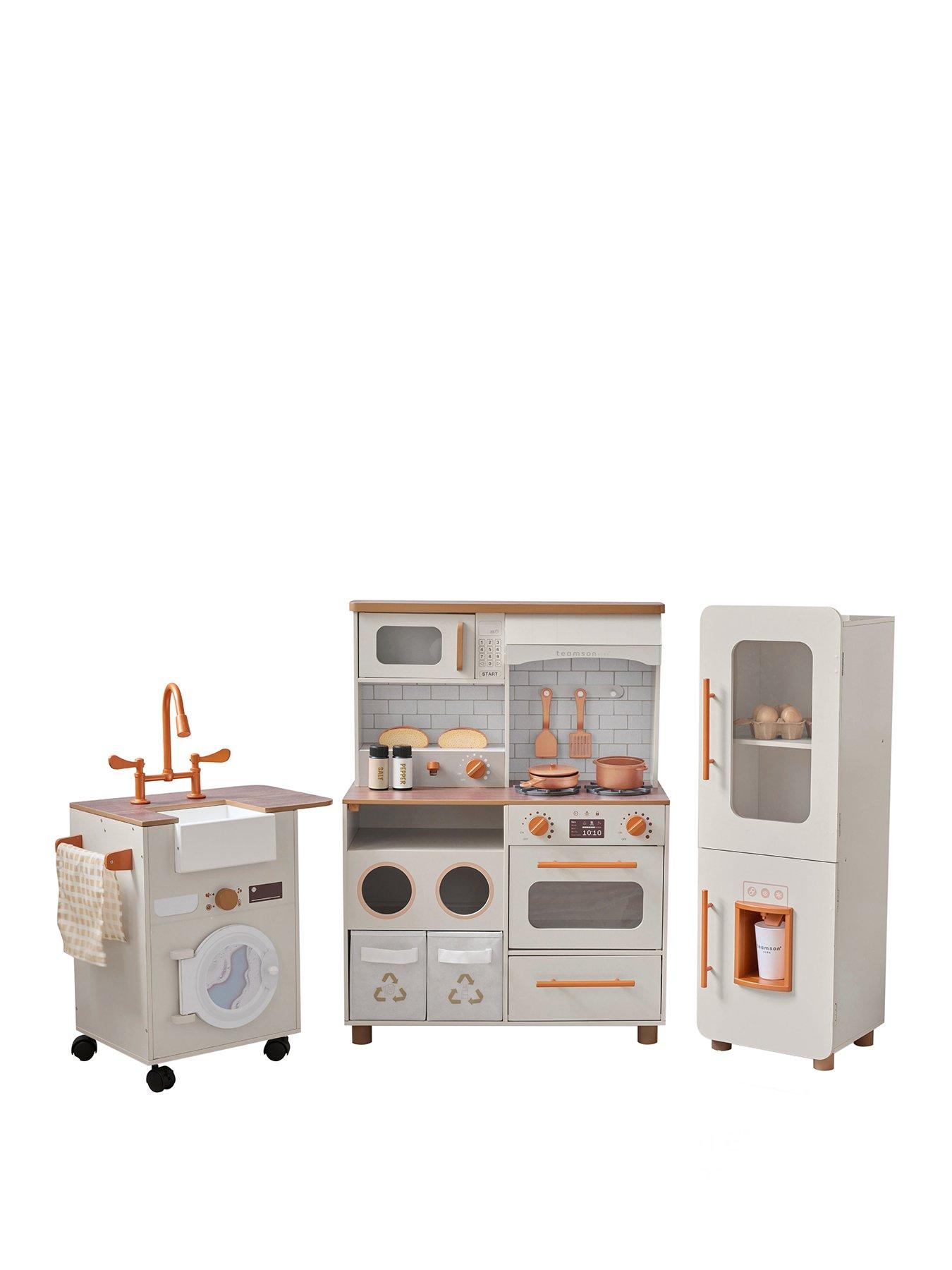 Teamson Kids Cuisine XL Deluxe En Bois – Ensemble Modulaire 3 Pièces Avec Réfrigérateur, Four, Évier, Lave-Linge Et 21 Accessoires – Dès 3 Ans