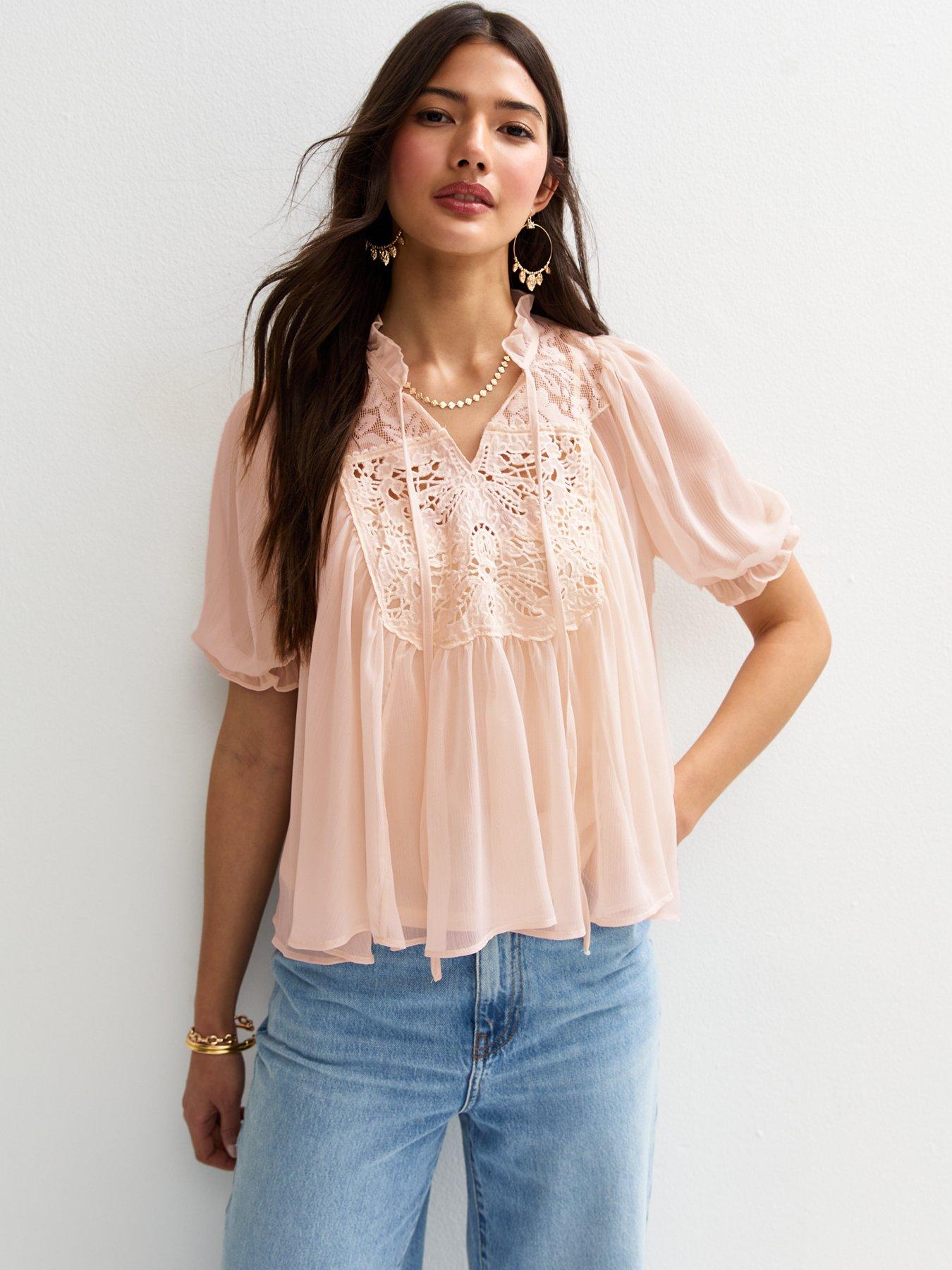 undefined Chiffon Lace Panel Short Sleeve Blouse - Cream