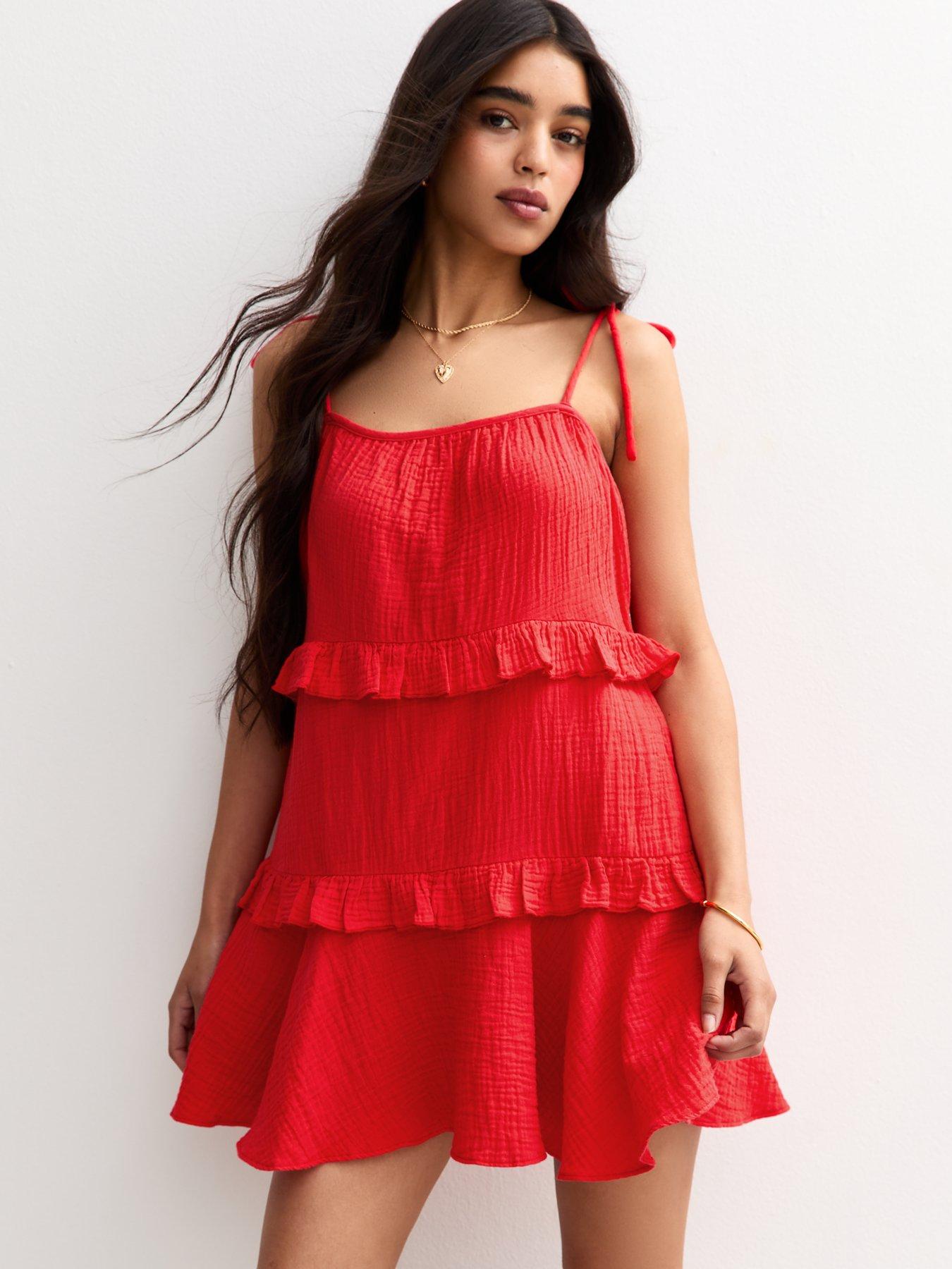 undefined Tie Strap Ruffle Trimmed Mini Dress - Red
