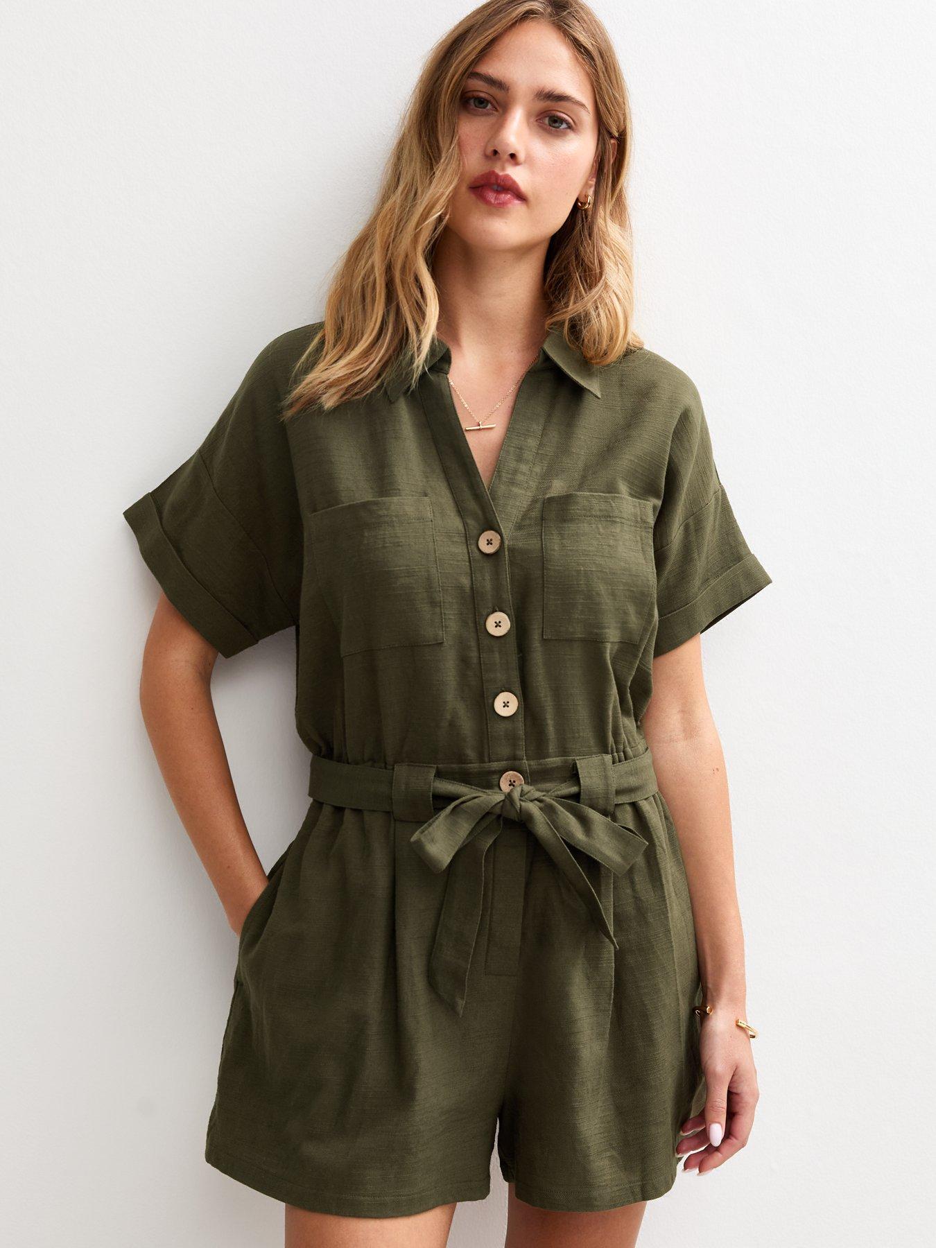 undefined Dark Khaki Utility Belted Playsuit