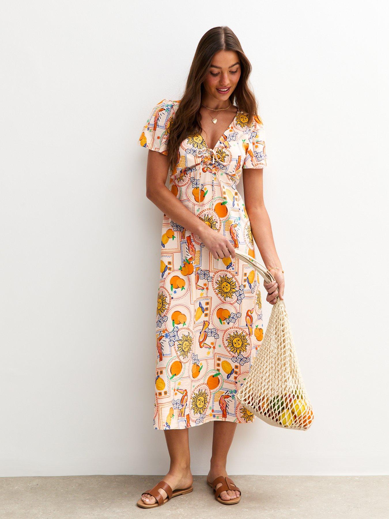 undefined Cream Postcard Print Midi Dress