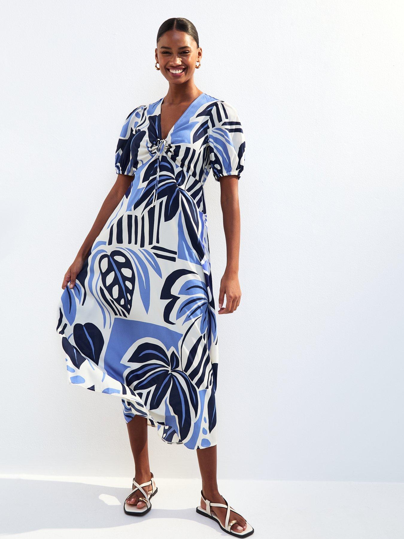 undefined Blue Palm Tree Print Midi Dress