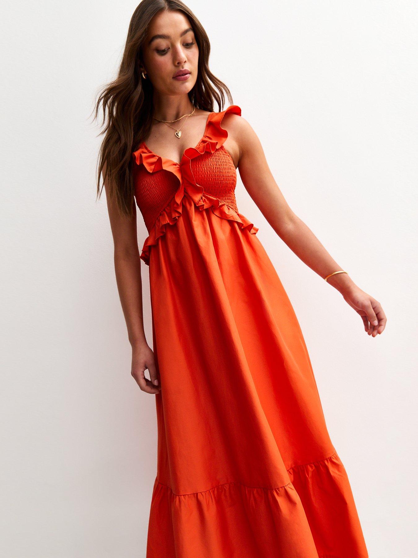 new look orange dress New Look Orange Ruffle Trim Tiered Hem Midi Dress