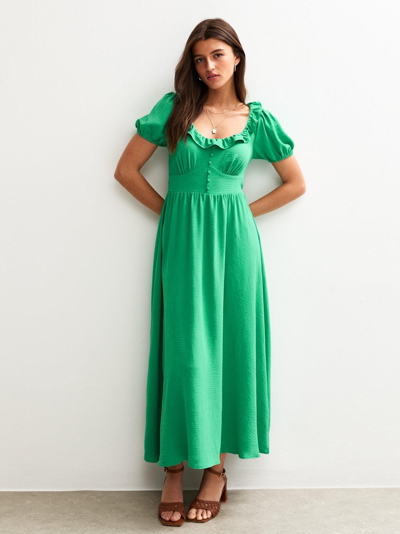 undefined Bright Green Ruffle Trim V-neck Midi Dress