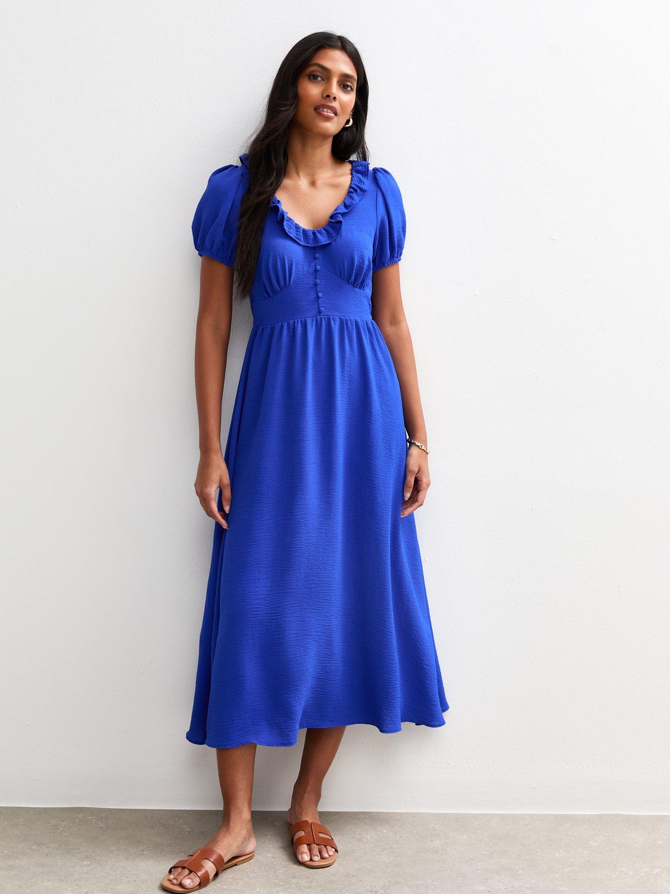 undefined Bright Blue Ruffle Trim V-neck Midi Dress