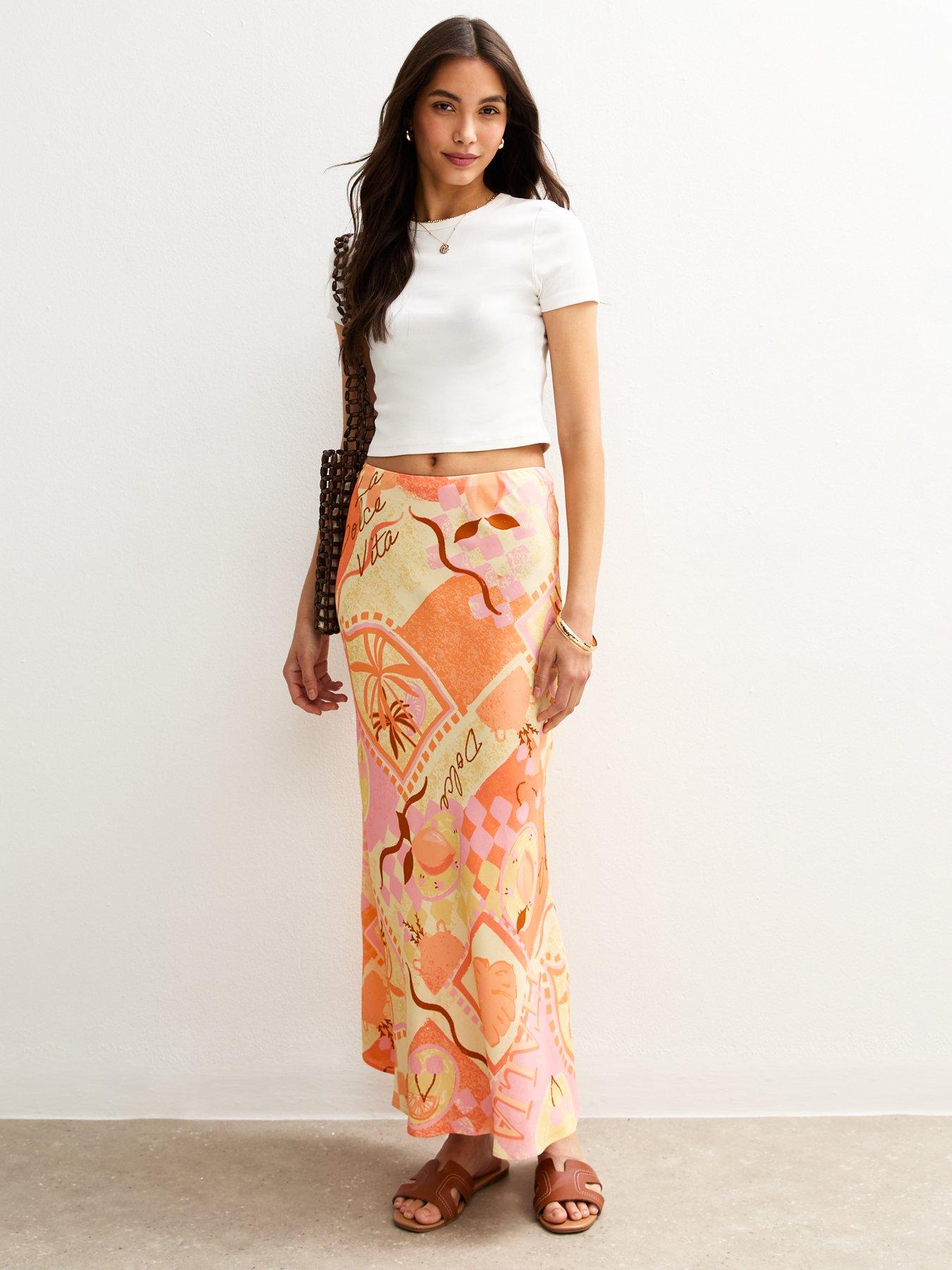 New Look Orange La Dolce Vita Bias Cut Print Midi Skirt