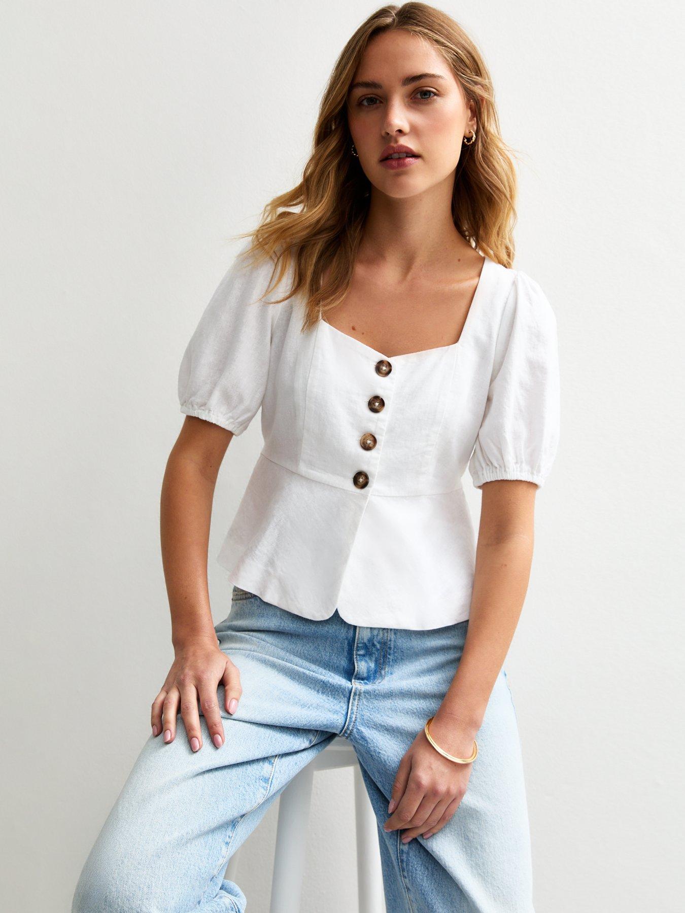 New Look White Linen Blend Button Up Peplum Top
