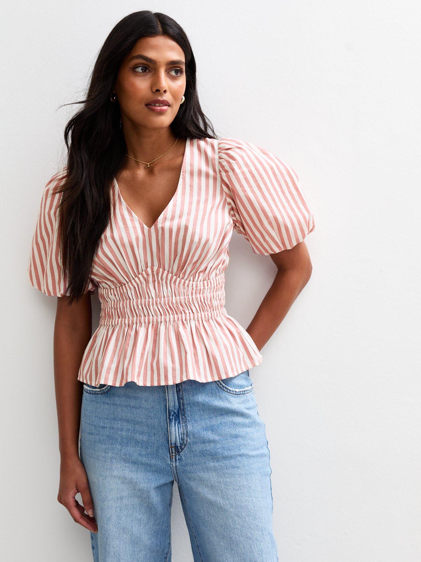 New Look Striped Shirred Waist Puff Sleeve Top - Pink