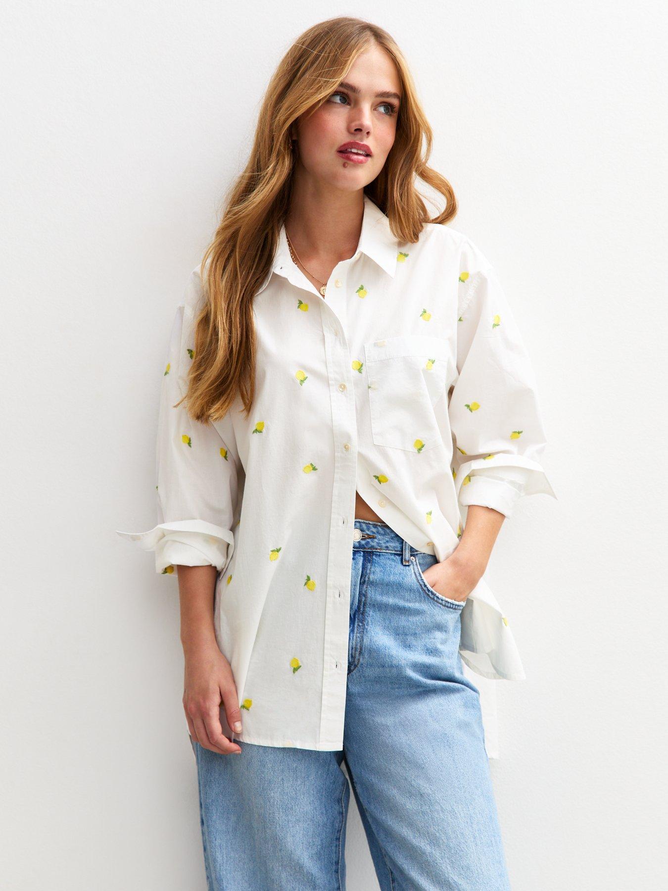 New Look White Lemon Embroidered Long Sleeve Shirt