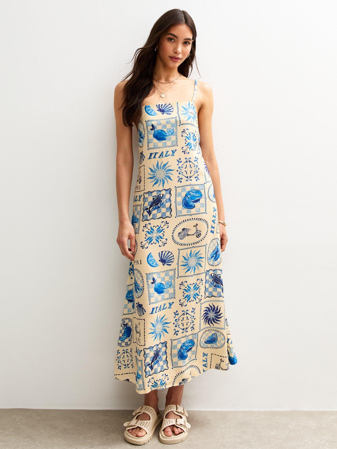 New Look Blue Tile Print Square Neck Midi Dress