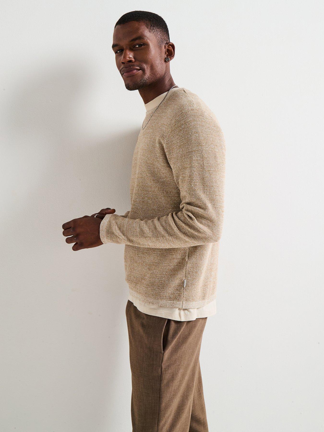 Image 1 of 6 of Jack & Jones George Textured Crew Knitted Jumper - Dark Beige