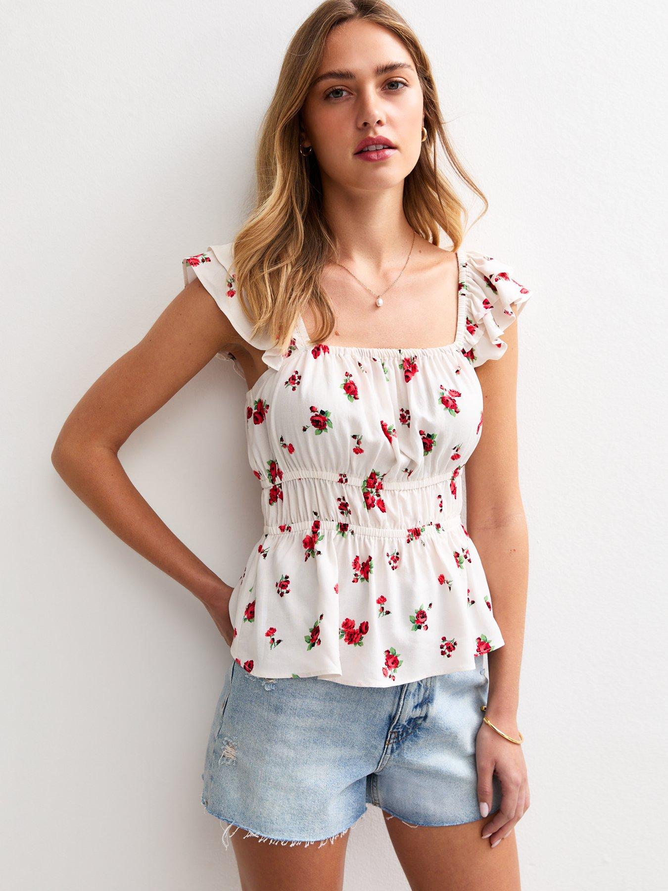 Image 1 of 4 of New Look Red Rose Print Shirred Waist Tea Top