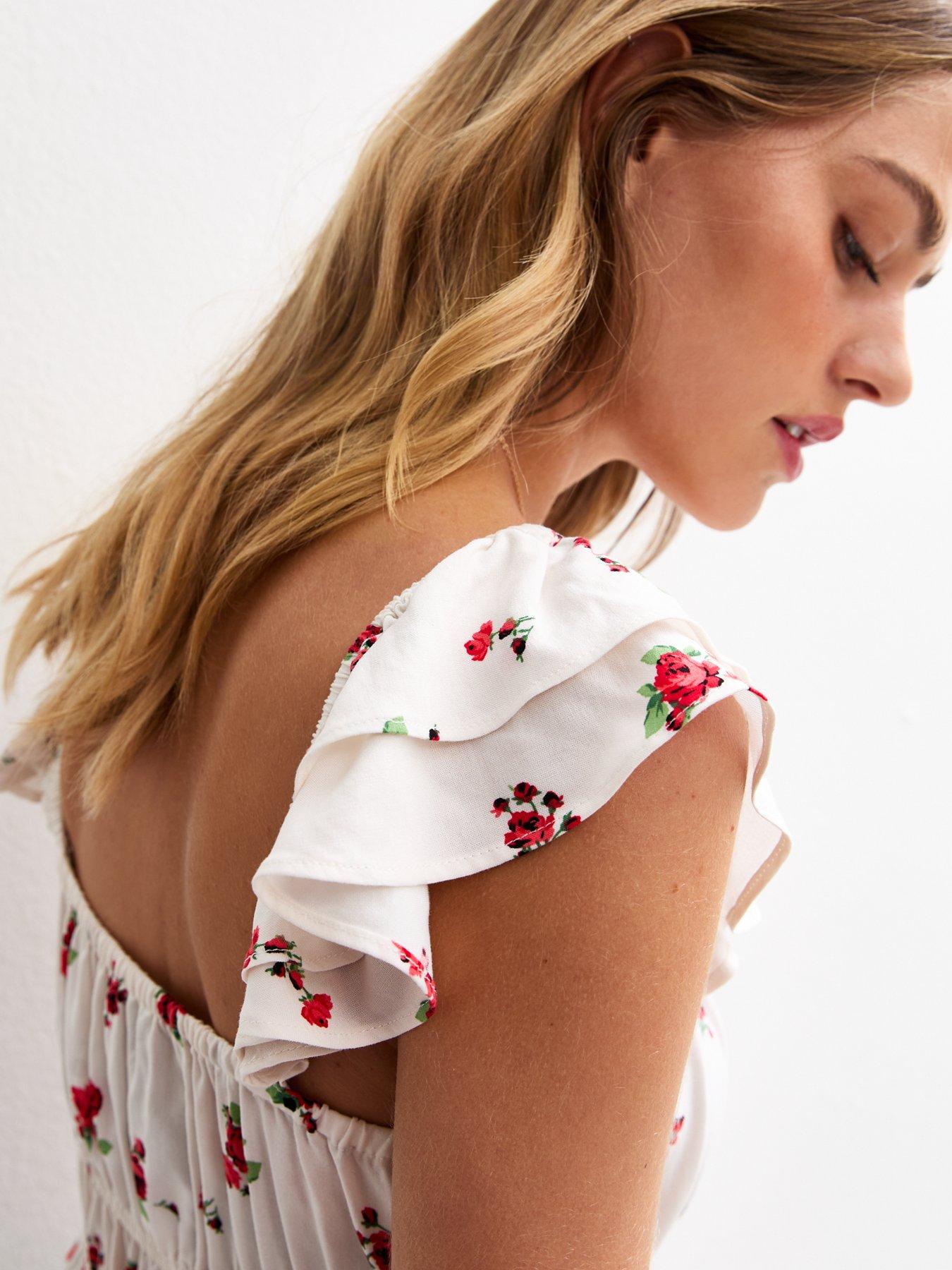 Image 4 of 4 of New Look Red Rose Print Shirred Waist Tea Top