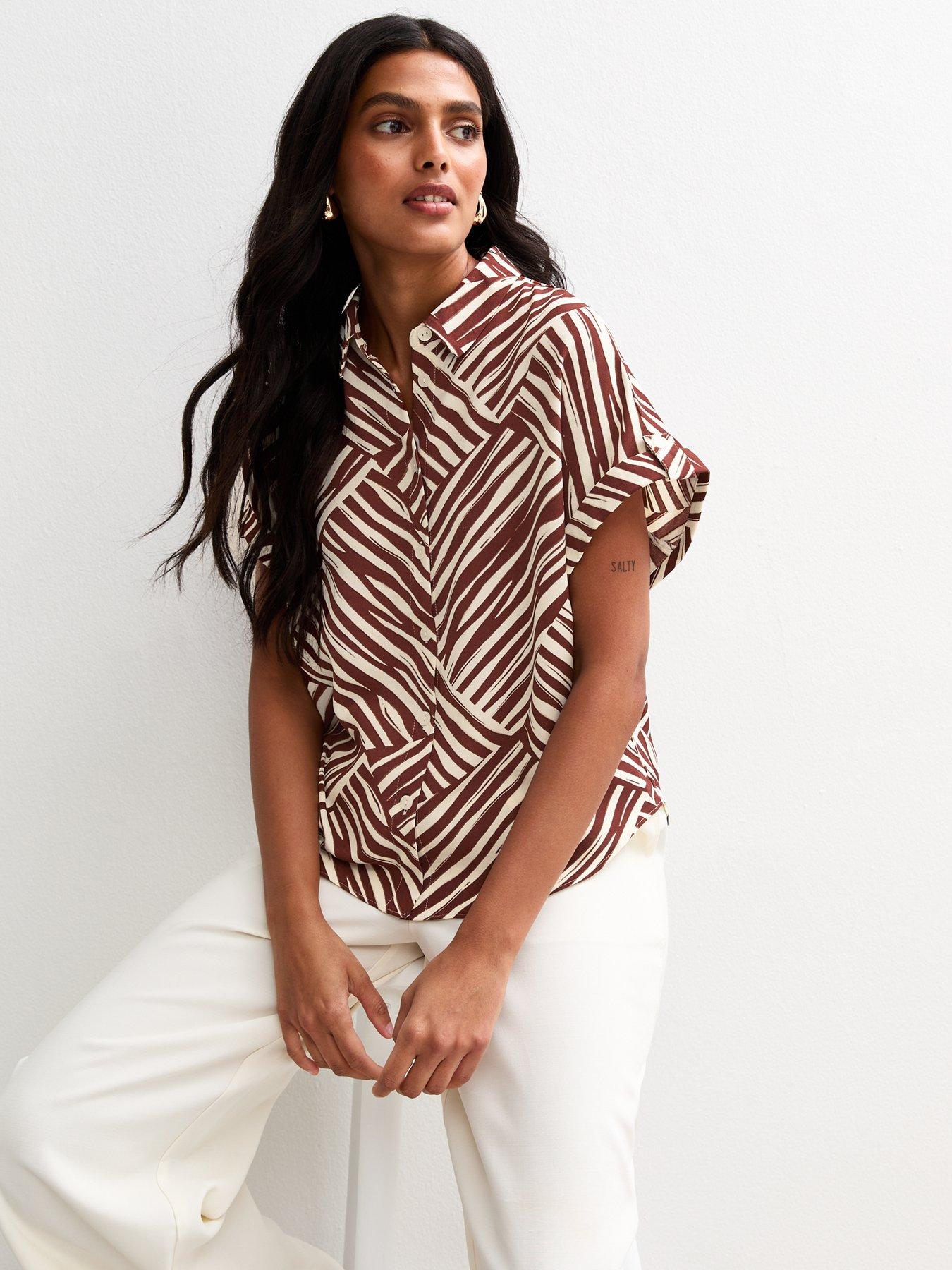 undefined Abstract Stripe Print Short Sleeve Resort Shirt - Brown
