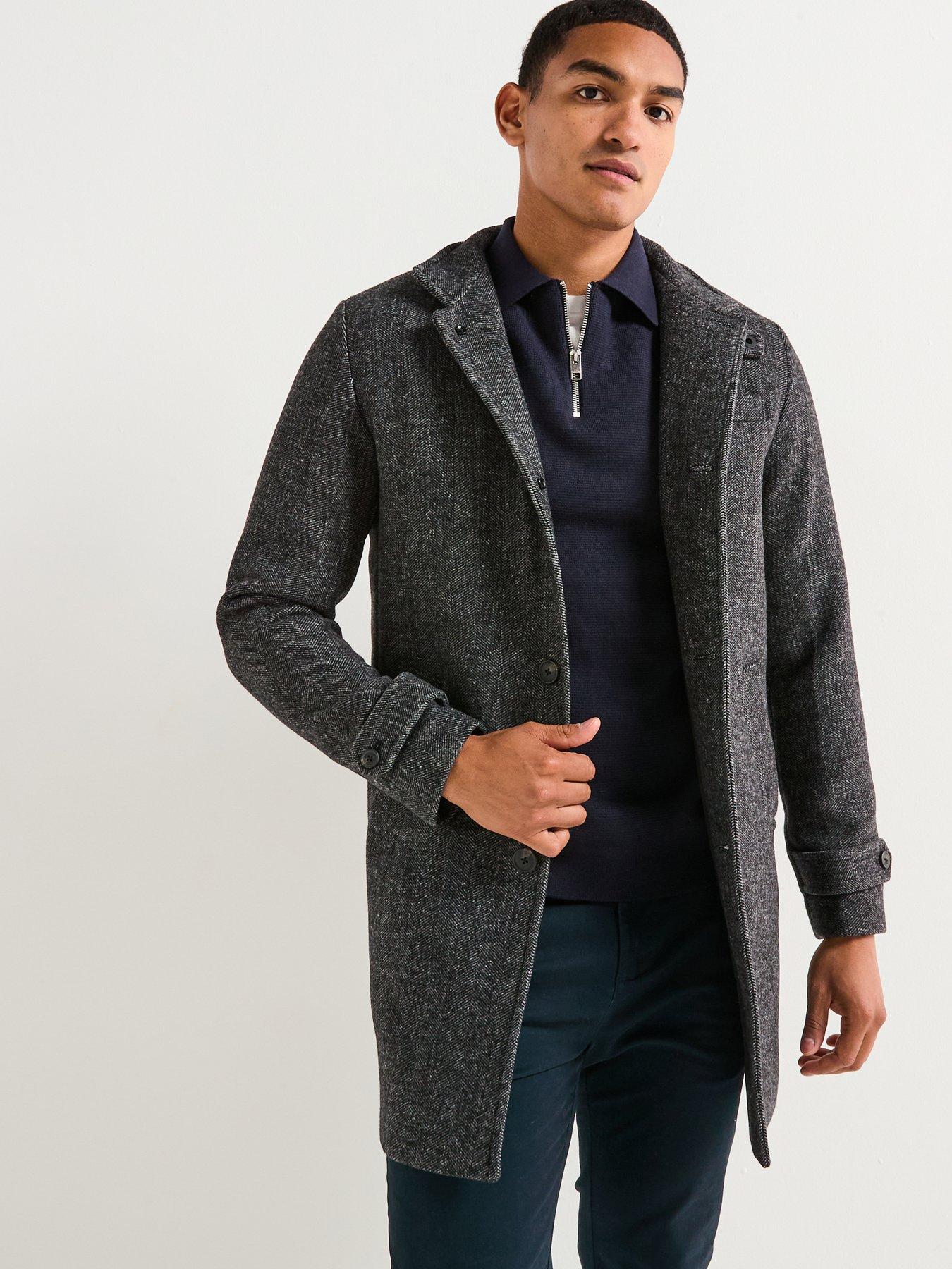 Jack & Jones Melton Wool Blend Stand Collar Overcoat - Dark Grey